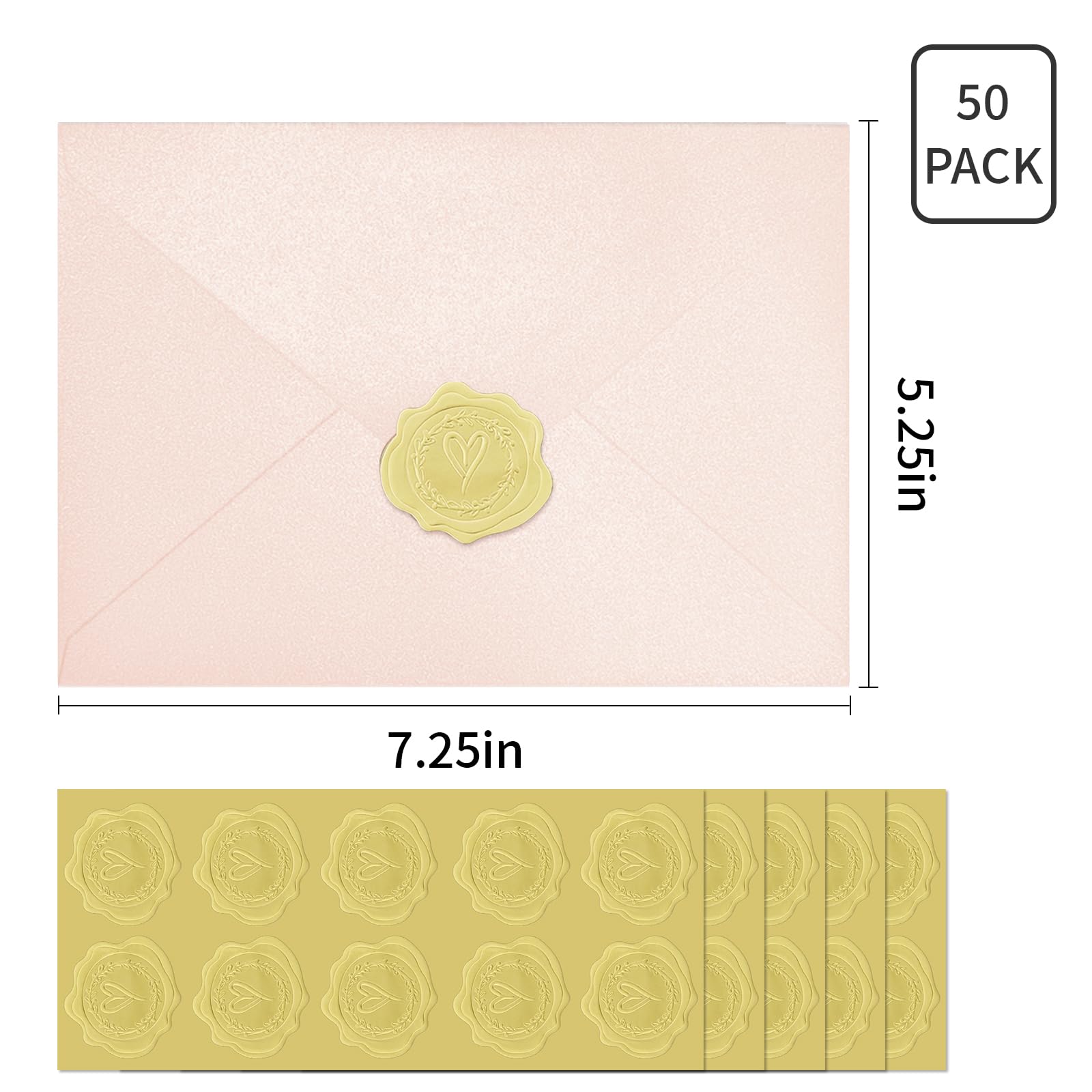 50 PCS Pearl Pink A7 Envelopes with Stickers, Shimmering 5x7 Envelopes for Invitations, Great for Wedding Invitation Cards, Birthday RSVP, Graduation, Baby Shower 5.25 x 7.25 inches