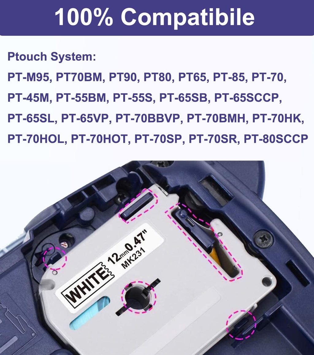 Compatible P-Touch M Tape 12mm Replace for Brother Label Maker M-K231S M-K231 M-K131 M-K431 M-K531 M-K631 M-K731 Work with Brother PT-65 PT-90 PTM95 PT-70BM PT-45 Label Maker Refills 6-Pack