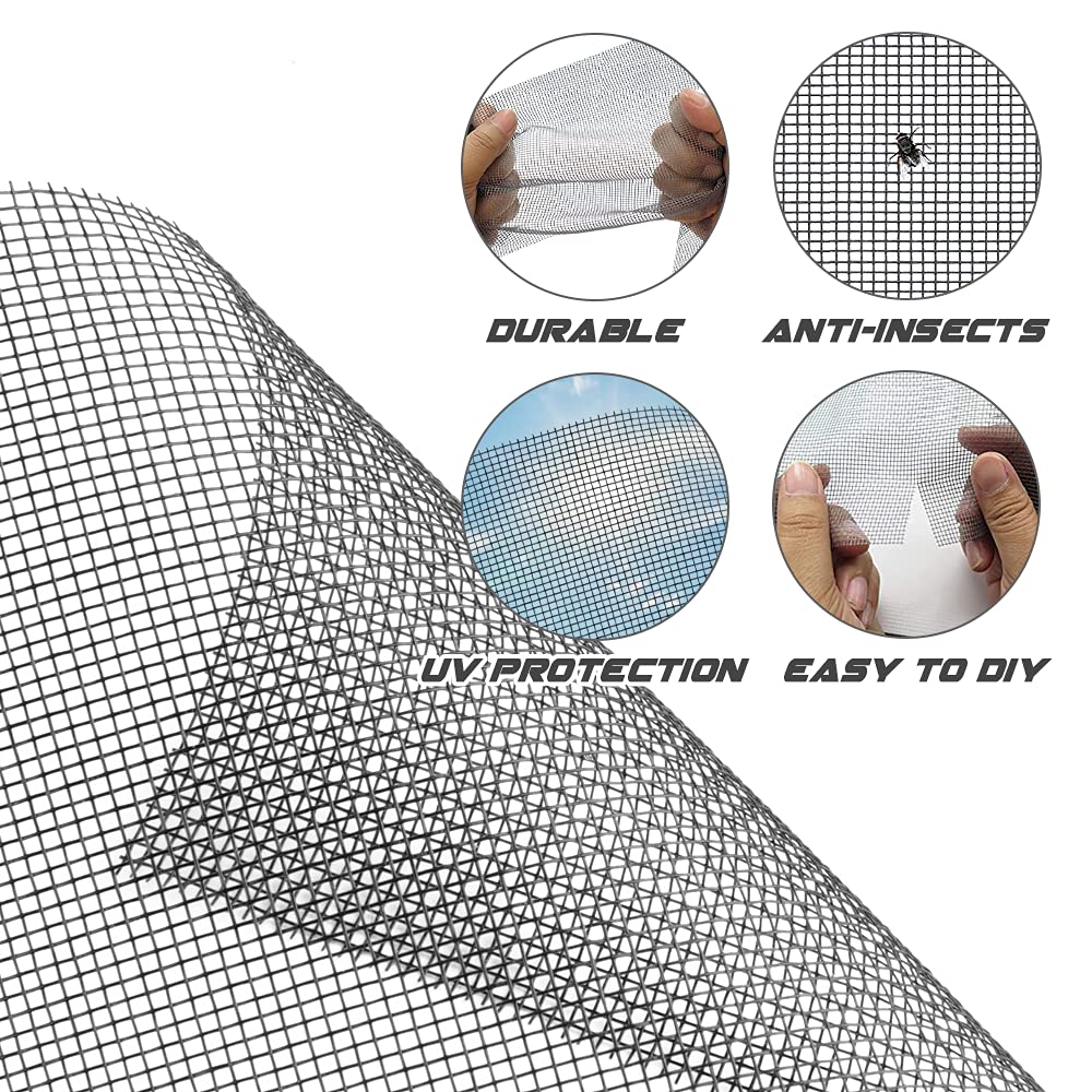 Screen Repair Kit - Easy DIY Project 36" x 90" Fiberglass Mesh With Rolling Tool and Retainer Spline - Replacement for Windows, Sliding Doors, and Patio Screens (Black)