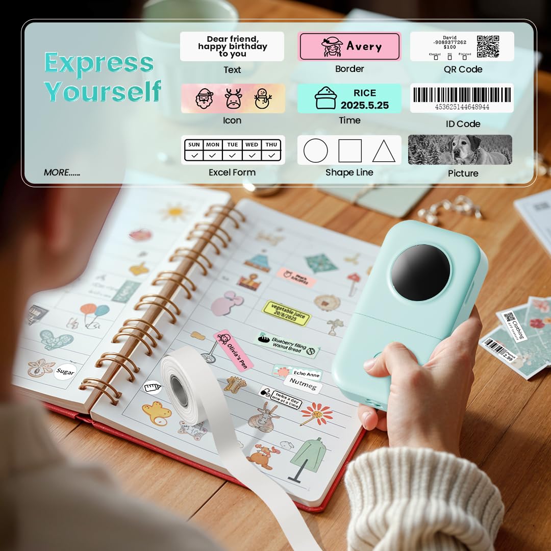 Phomemo D30 Label Maker Machine with Tape, Portable Bluetooth Label Printer, Small Smart Phone Handheld Sticker Mini Labeler Multiple Templates Font Icon Easy to Use Inkless Rechargeable F Office Home
