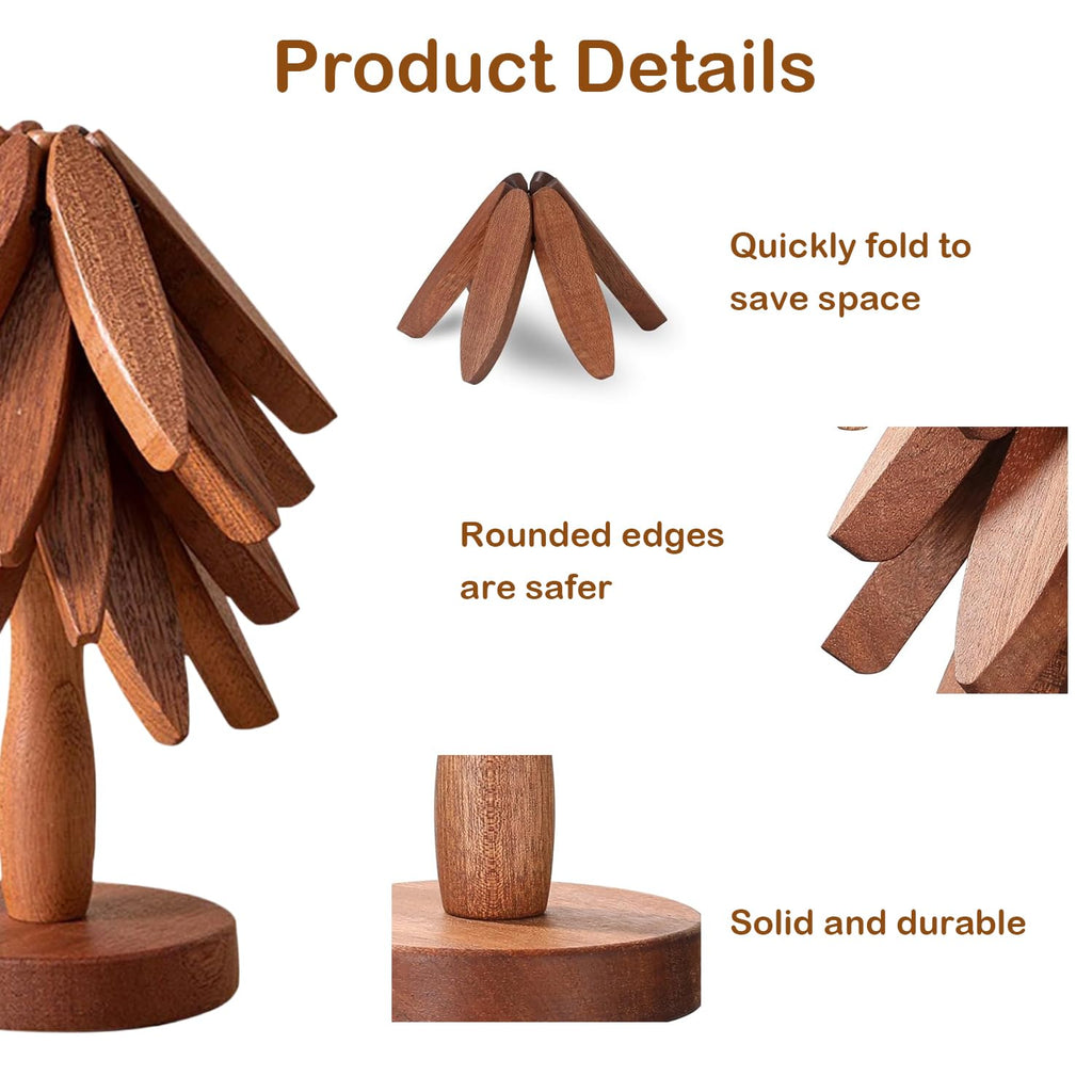 ROXANEPIG Wooden Trivets for Hot Dishes, 4pcs Tree Trivets +1 Stand, Wooden placemat Coaster, Tree Design hot Pot mat, Heat Resistant Folding mat for teapot, pan, Bowl (Black Walnut)