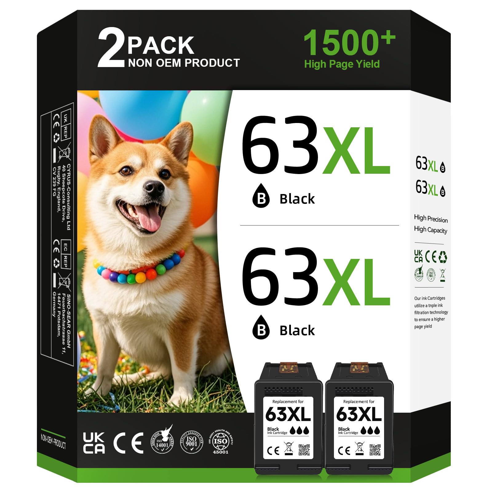 63XL for HP 63XL Black Ink Cartridge for HP Ink 63 HP63XL HP63 High Yield Fit for HP Envy 4520 4512 4511 4524 4522 OfficeJet 4650 3830 52525 5258 4655 5200 5212 4652 DeskJet 3630 1112 Printer(2 Black)