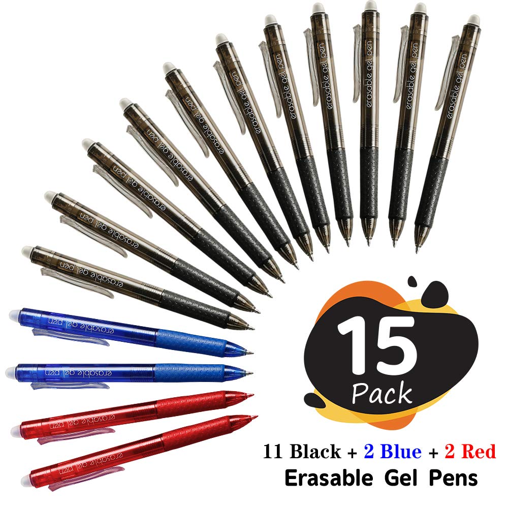 Erasable Gel Pens, 15 Pack Retractable Erasable Pens Clicker, Fine Point, Make Mistakes Disappear, 11 Black 2 Blue 2 Red Inks for Writing Planner and Crossword Puzzles