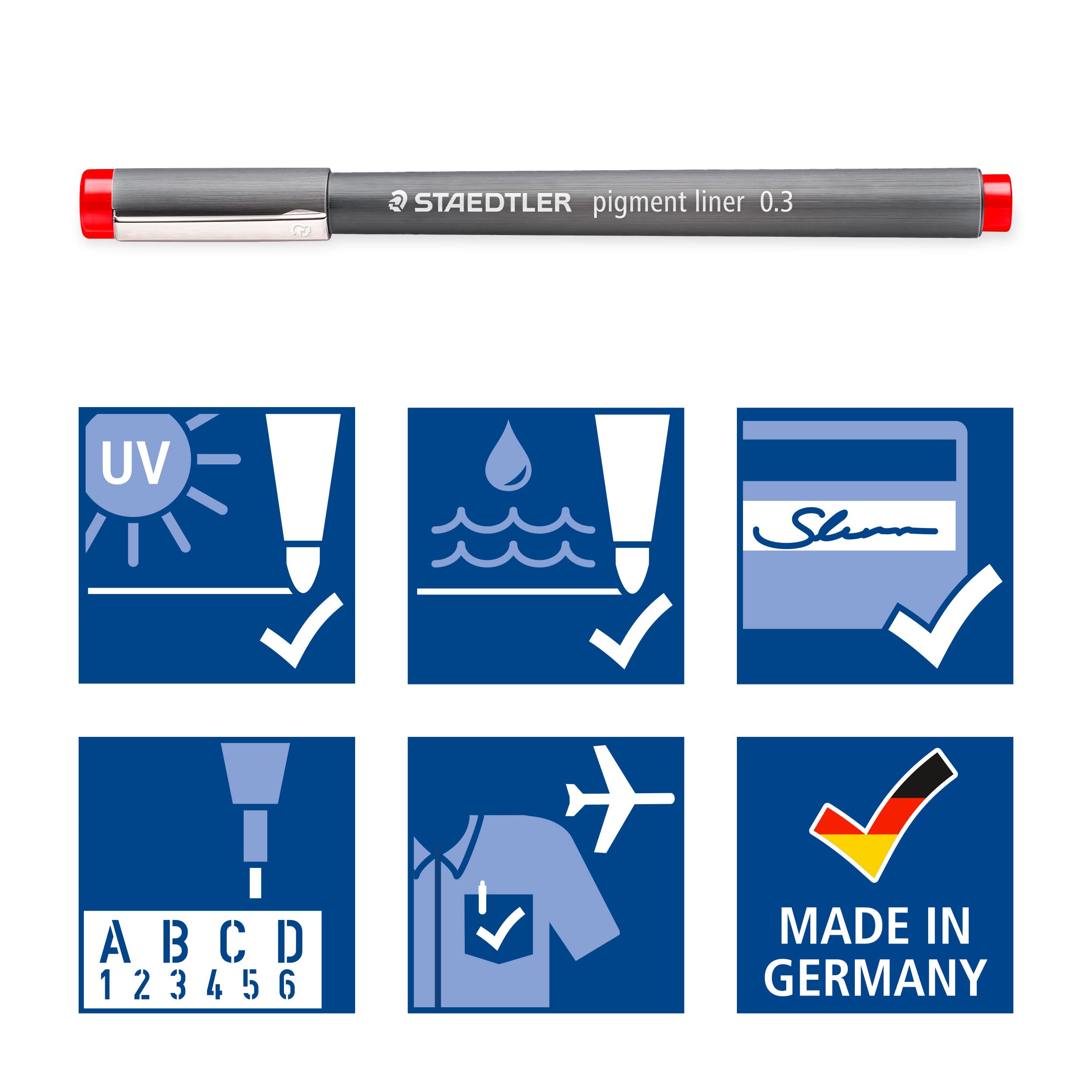 STAEDTLER 30803-SSB6 Pigment Liner Pens - Assorted Colours, 0.3 mm (Set of 6)
