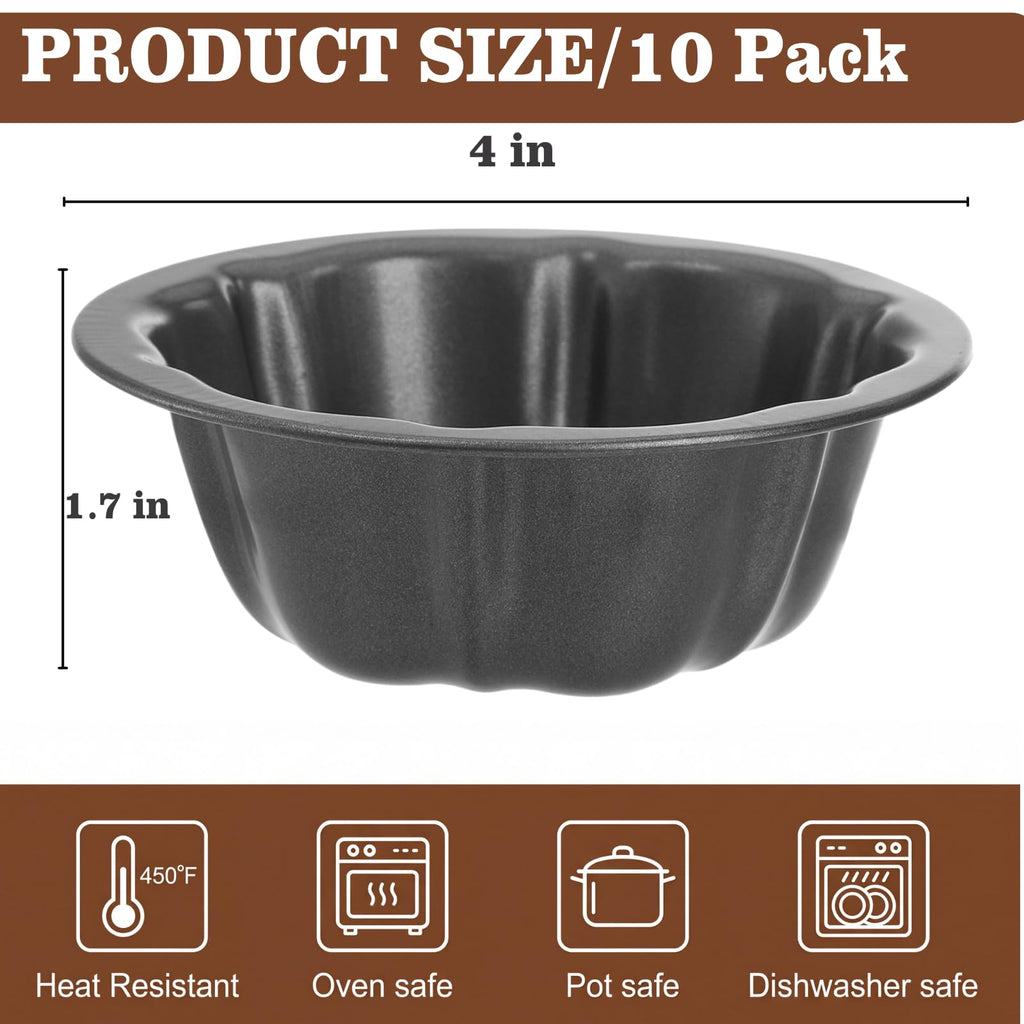 ZENFUN 10 Pcs Mini Flan Molds Pan, 4 Inches Fluted Cake Pan Nonstick, Carbon Steel Mini Flan Molds Pans, Cake Pans Reusable Tube Oven Baking Mold for Cupcake, Bread, Bavarois, Brownie