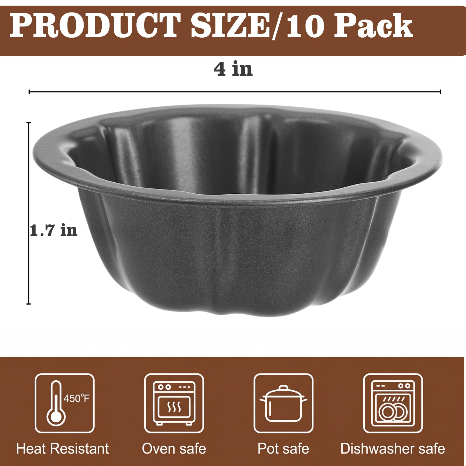 ZENFUN 10 Pcs Mini Flan Molds Pan, 4 Inches Fluted Cake Pan Nonstick, Carbon Steel Mini Flan Molds Pans, Cake Pans Reusable Tube Oven Baking Mold for Cupcake, Bread, Bavarois, Brownie