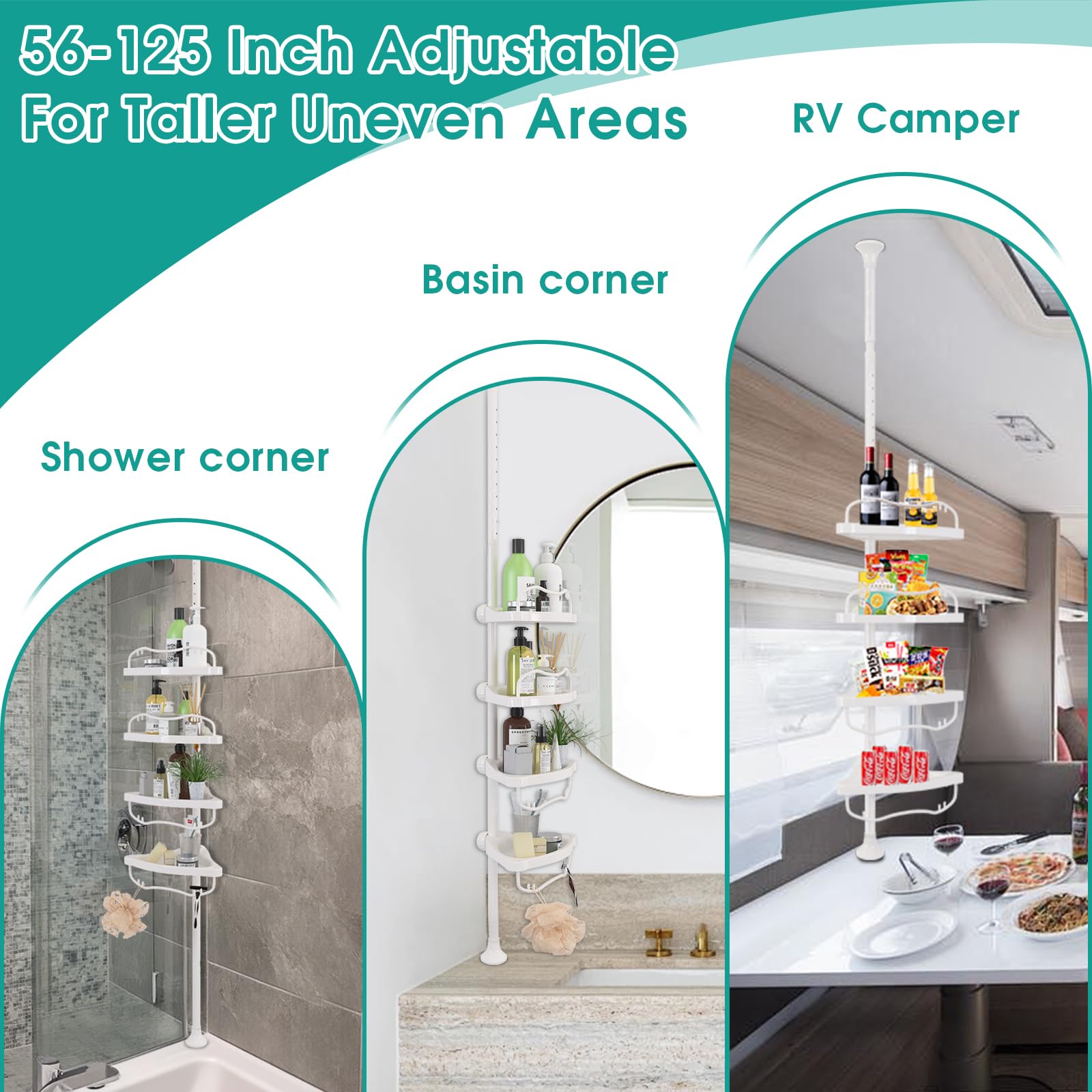 Shower Caddy Corner, 56 to 125 Inch Adjustable Tension Pole Corner Shower Caddy with ABS Baskets,Rustproof Stainless Pole, Drill Free Shower Rack, Large Shower Storage Shelf Rack for Inside Shower