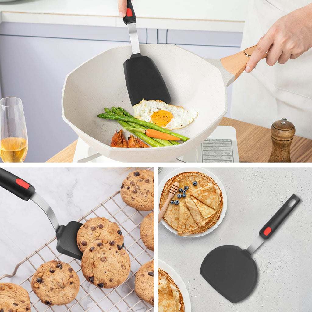 Hotec Silicone Spatula Turner for Nonstick Cookware, Flexible 600F Heat Resistant Cooking Utensils, Ideal for Flipping Eggs, Burgers, Pancakes, Crepes(3 Pack)