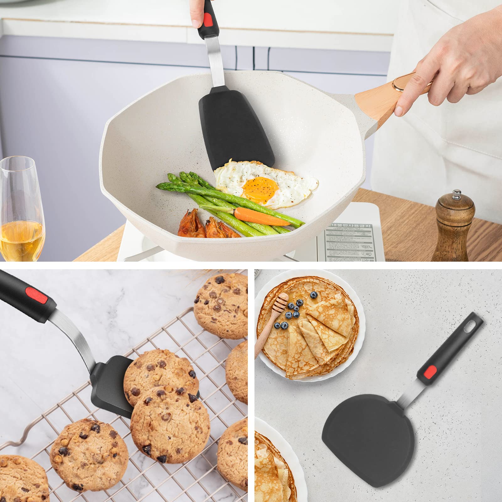 Hotec Silicone Spatula Turner for Nonstick Cookware, Flexible 600F Heat Resistant Cooking Utensils, Ideal for Flipping Eggs, Burgers, Pancakes, Crepes(3 Pack)