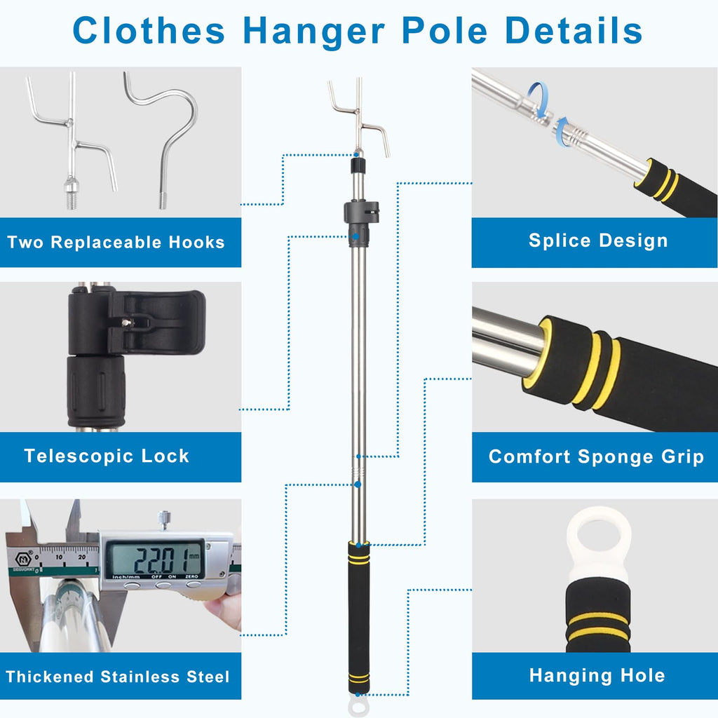 Greeily Clothes Hanger Reaching Hook, High Reach Garment Hook Telescopic Adjustable 37" to 63" for Hanging Clothes Plants Bird Feeders Christmas Light Pole Stainless Steel Material with 2 Long Hooks