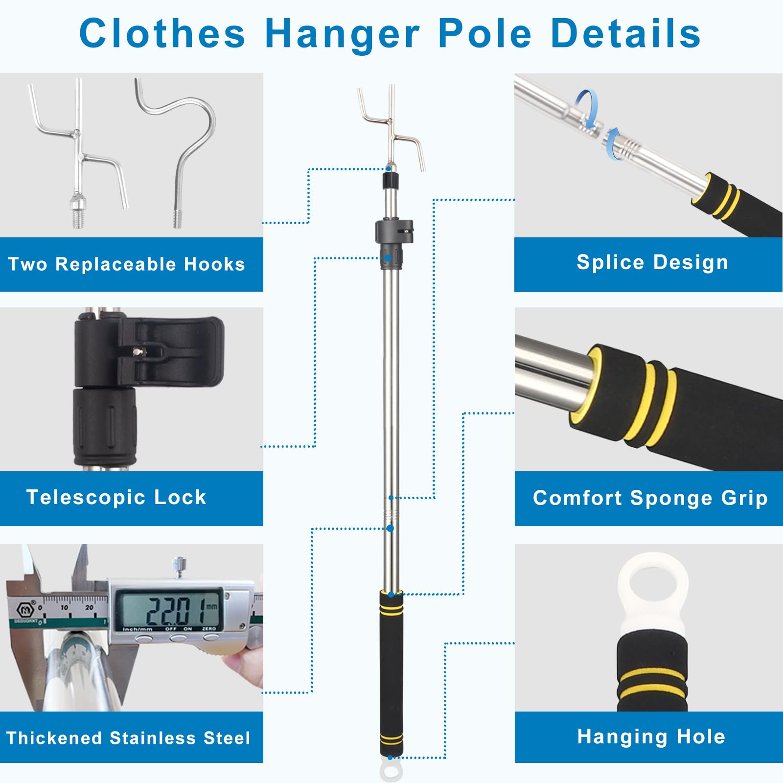 Greeily Clothes Hanger Reaching Hook, High Reach Garment Hook Telescopic Adjustable 37" to 63" for Hanging Clothes Plants Bird Feeders Christmas Light Pole Stainless Steel Material with 2 Long Hooks
