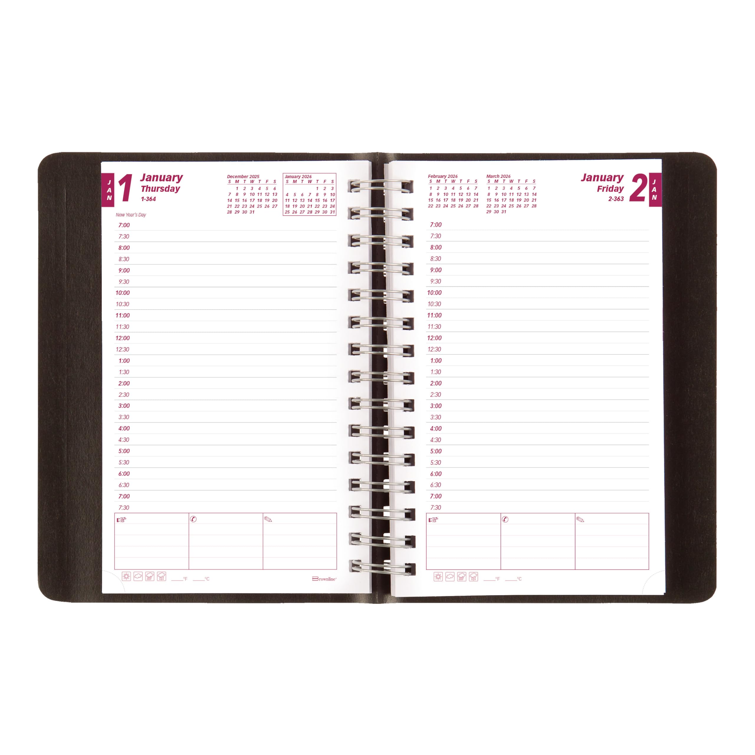 Brownline® 2026 Essential Daily/Monthly Planner, Appointment Book, 12 Months, January to December, Twin-Wire Binding, 8" x 5", Black (CB634W.BLK-26)