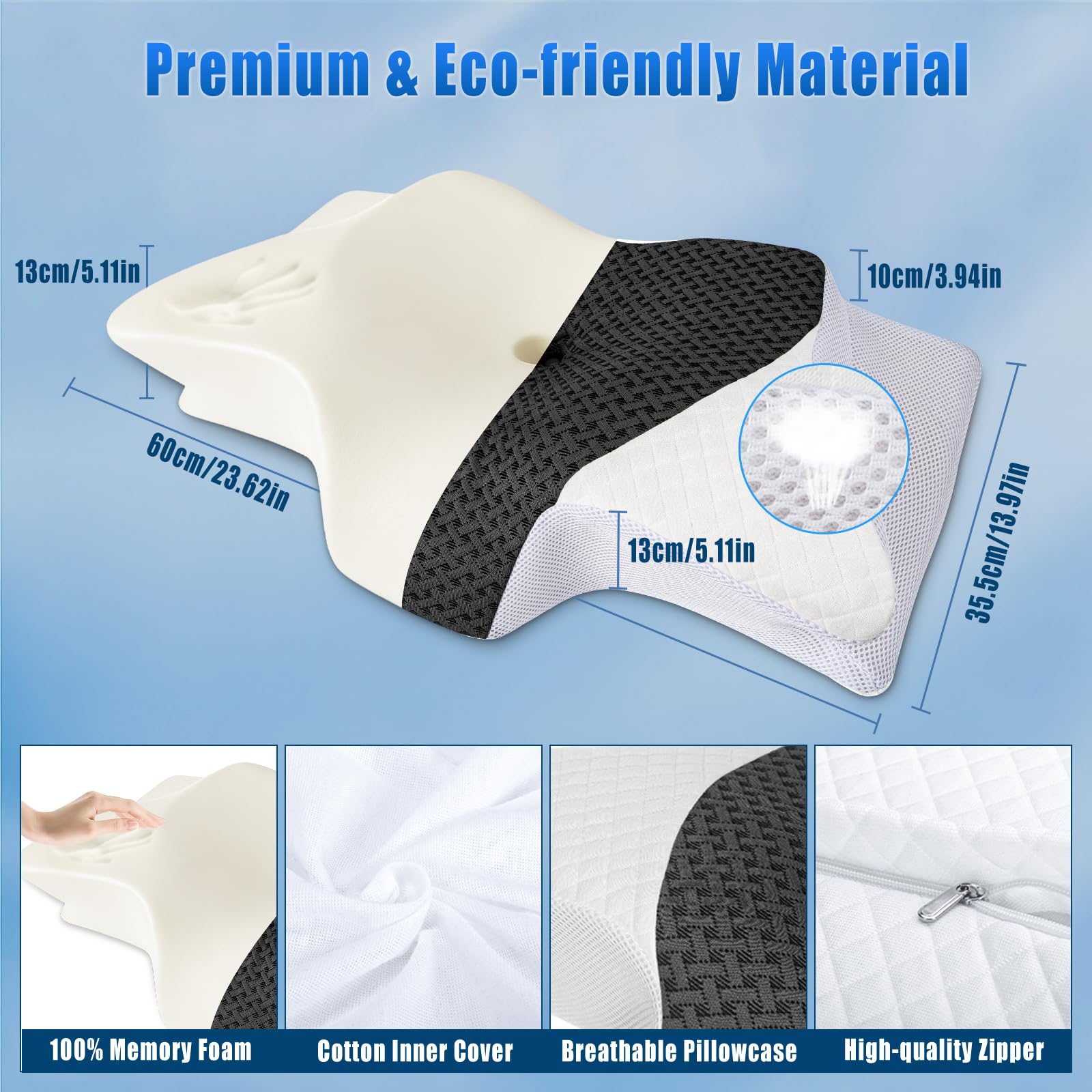 SAHEYER Cervical Pillow for Neck Pain Relief, 2 in 1 Ergonomic Memory Foam Neck Pillow, 2 Heights Adjustable Orthopedic Support Pillow for Side, Back and Stomach Sleepers, 23.6x14x3.9/5.1 inch, Gray
