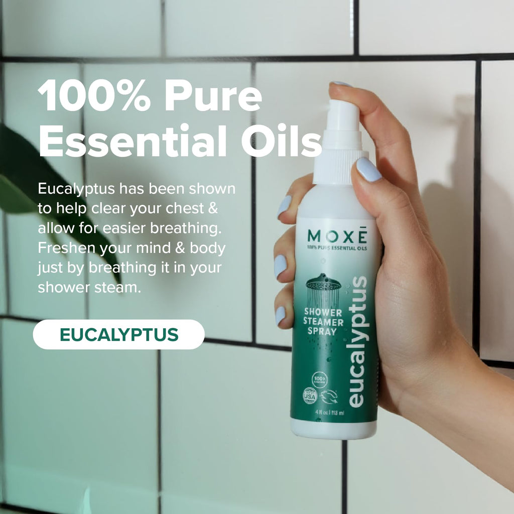 MOXE Shower Mist, Spa Steam Spray, Certified Natural Essential Oils, Aromatherapy, Tension Relief (Eucalyptus, 118 ml (Pack of 1))