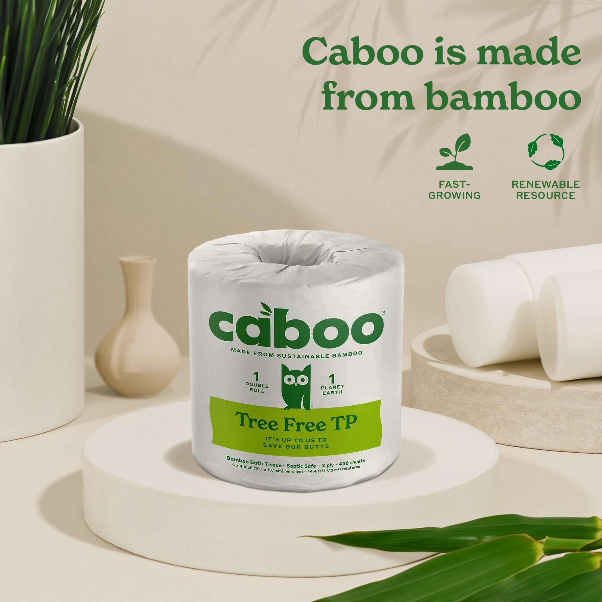 Caboo Tree-Free Toilet Paper, Septic Safe Bath Tissue, Eco Friendly Soft 2 Ply Sheets, 300 Sheets Per Roll, 16 Double Rolls