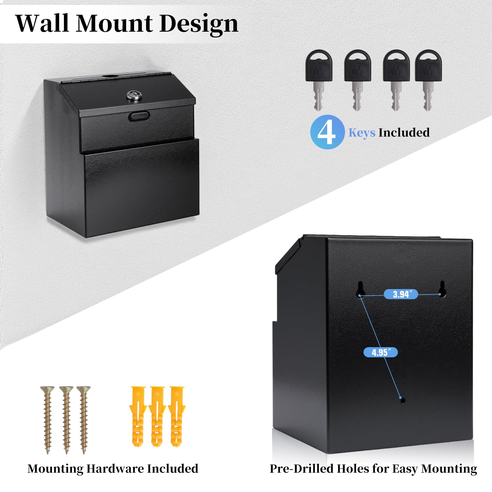 Suggestion Box with Slot and Lock Donation Box with 4 Keys Metal Ballot Box Wall Mount Black