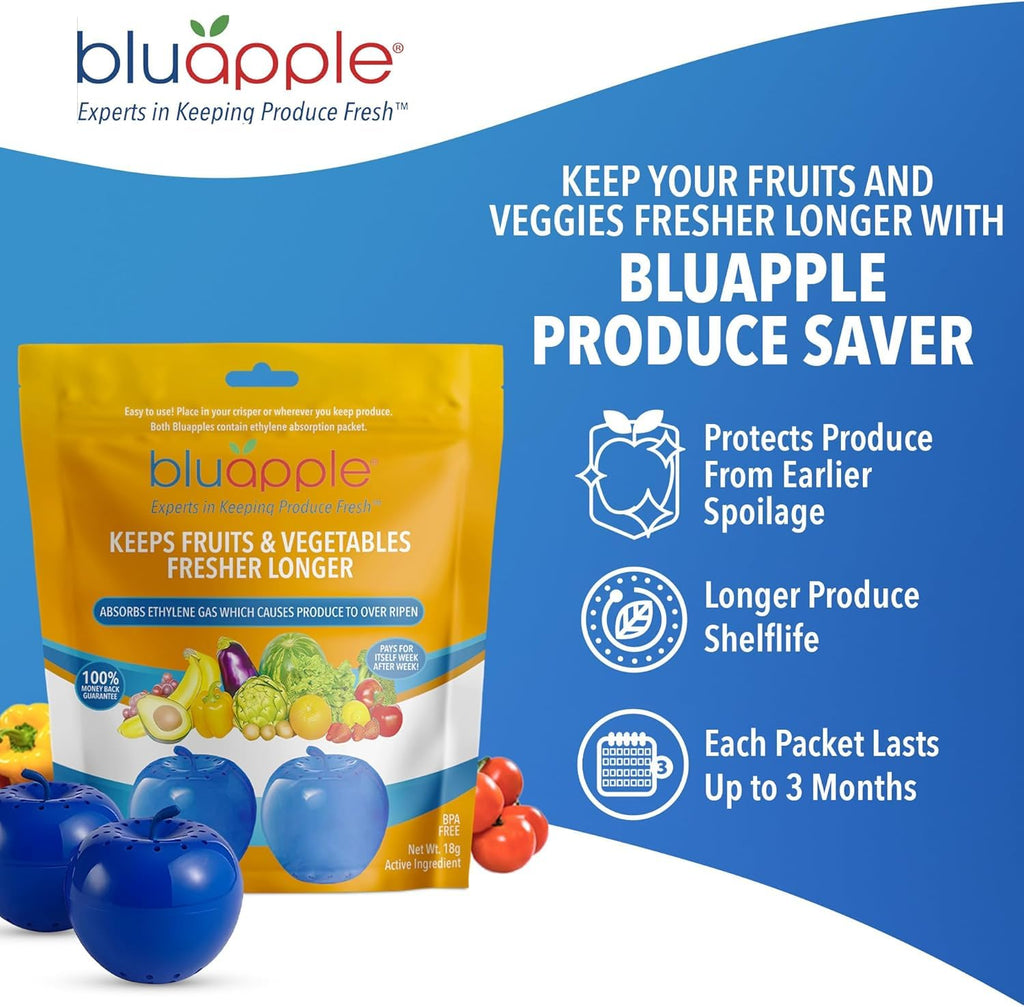 Bluapple Produce Saver 2-Pack - Keeps Fruits & Vegetables Fresh Longer in Refrigerator Crisper, Shelves, and Fruit Bowls, Lasts up to 3 Months, Ethylene Gas Absorber, BPA Free