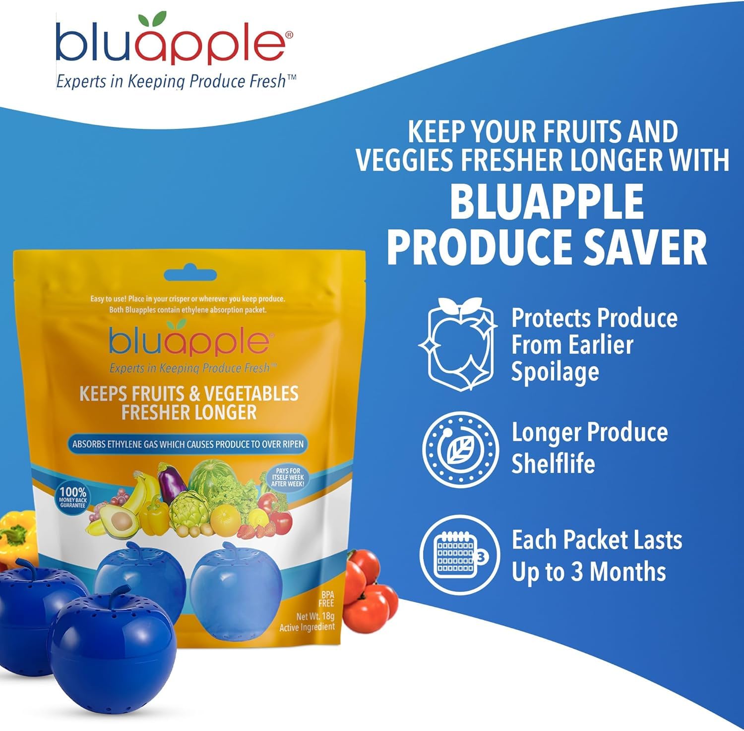 Bluapple Produce Saver 2-Pack - Keeps Fruits & Vegetables Fresh Longer in Refrigerator Crisper, Shelves, and Fruit Bowls, Lasts up to 3 Months, Ethylene Gas Absorber, BPA Free