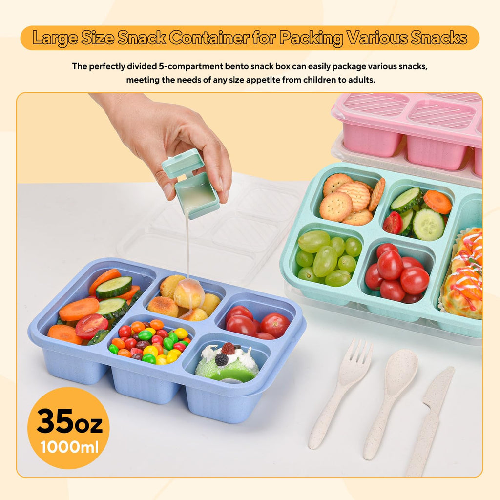 4 Pack Bento Snack Box, 5 Compartment Lunchable Snack Containers, Stackable Bento Lunch Boxes for Kids & Adults, Reusable Wheat Straw Meal Prep Lunch Containers for School，Work and Travel