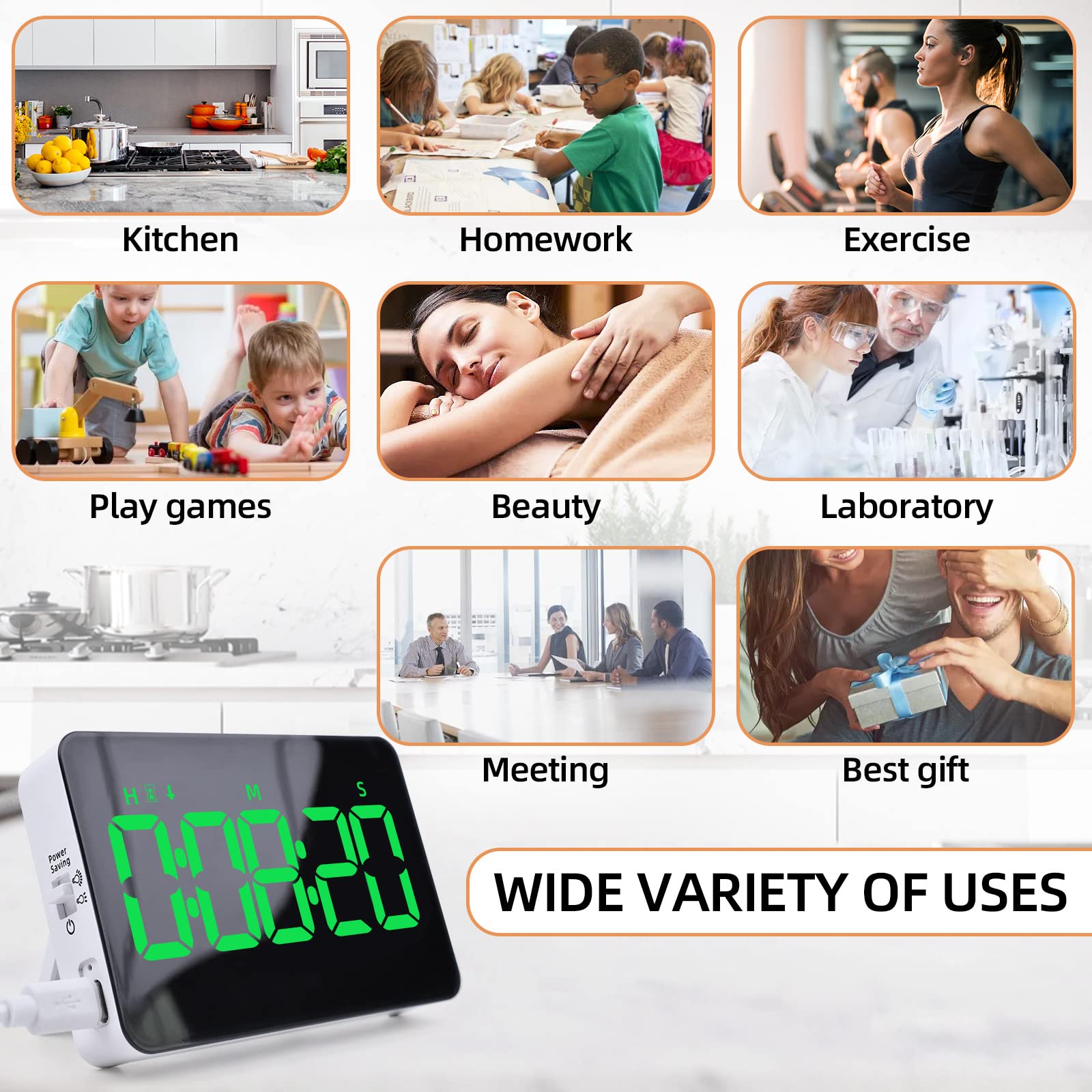Digital Kitchen Timer-Magnetic Rechargeable Cooking Timers Countdown/up with 5”LED Display 3 Brightness 4 Volume Adjustable for Classroom Office Study Home Work Fitness Facial Game for Seniors & Kids