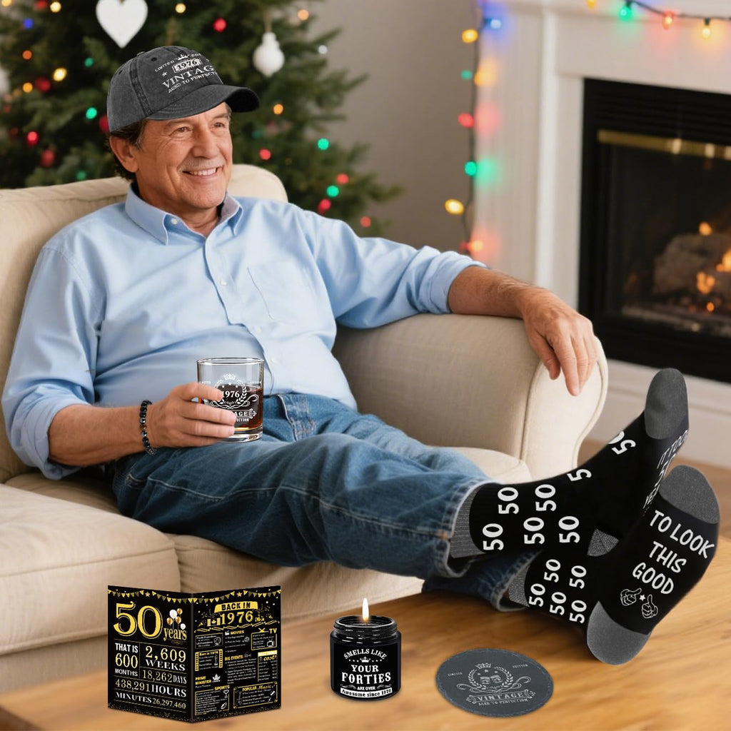 50th Birthday Gifts for Him, Happy 50th Birthday Decorations for Men, 50 Year Old Gifts for Man Who Have Everything, 1976 50th Birthday Gift Baskets for Men Whiskey Glass Baseball Cap Socks Stones