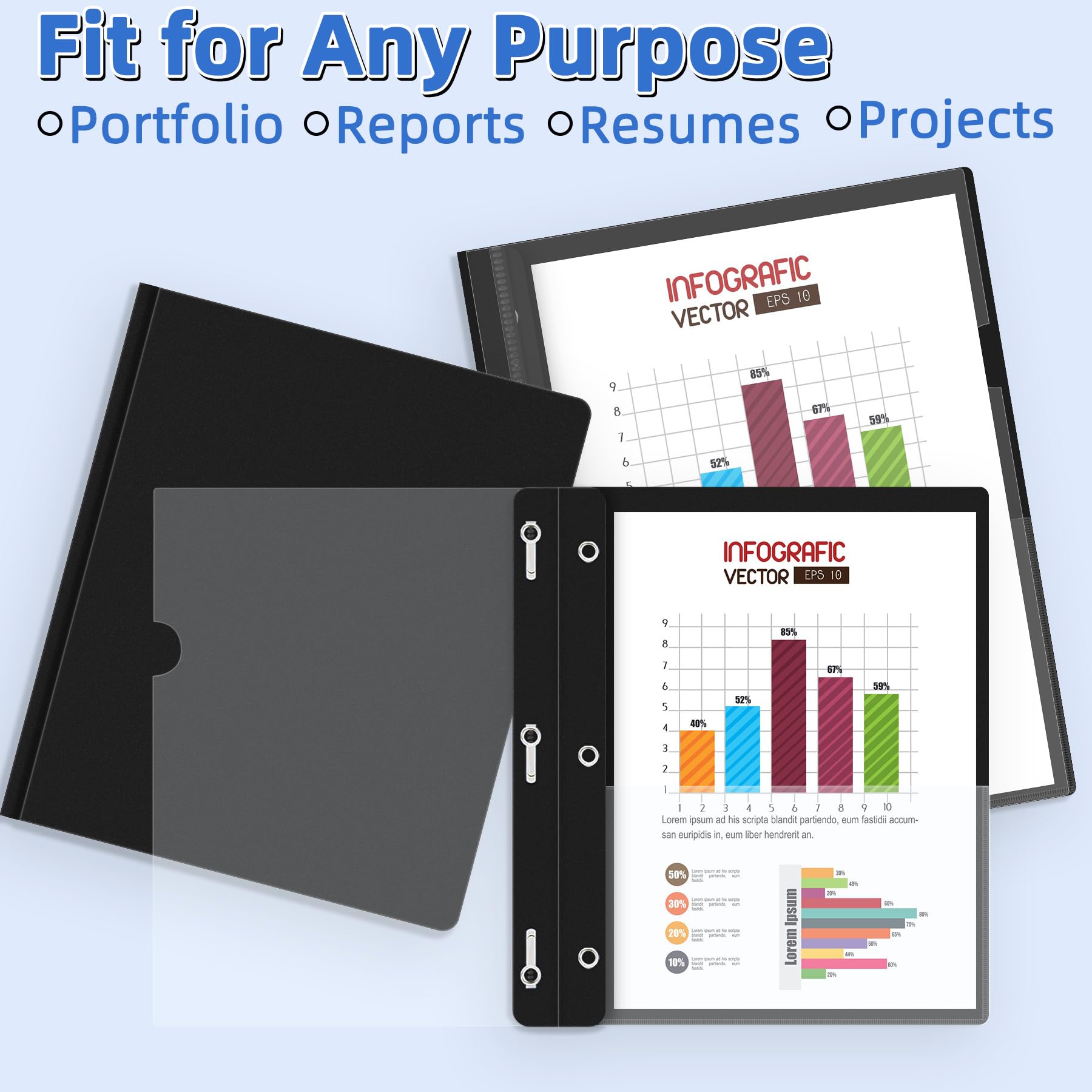 HAUTOCO 12 Pack Plastic Report Covers with 3 Prongs Fasteners Clear Front Resume Portfolio Folder for 8.5x11 Letter Size Paper, Presentation Document Report Cover for School Office Business, Black