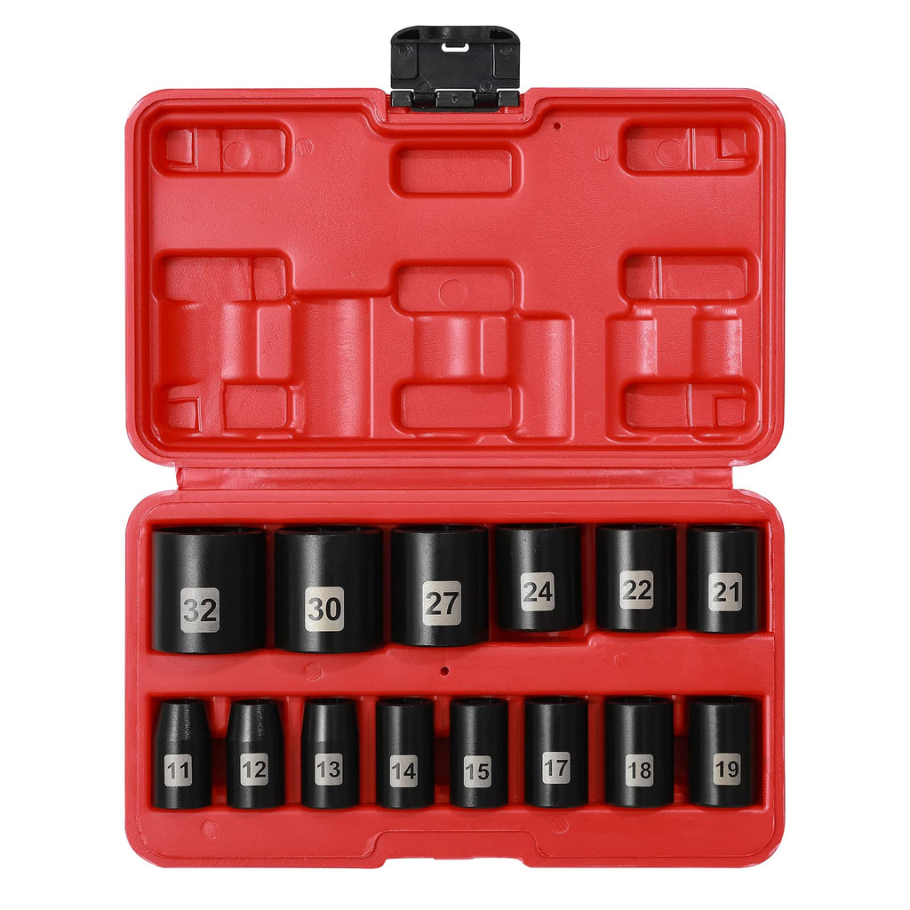 Mayouko 14 Pieces 1/2" Drive Shallow Metric Impact Socket Set, CR-V, 6 Point, 11mm to 32mm