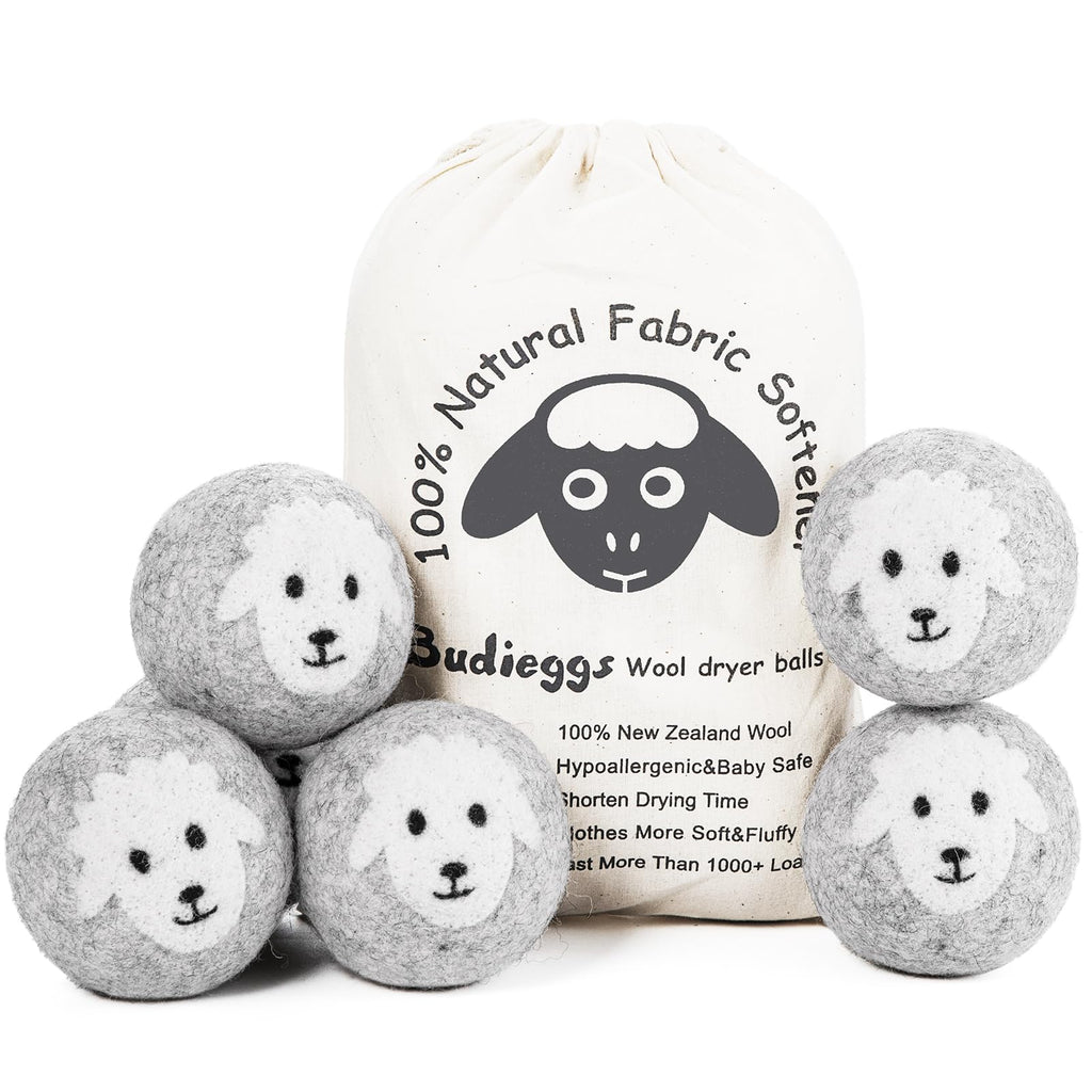 Budieggs Wool Dryer Balls Organic XL 6-Pack, 100% New Zealand Chemical Free Fabric Softener for 1000+ Loads, Baby Safe & Hypoallergenic, Reduce Wrinkles & Shorten Drying Time (Grey Sheep-6pcs)