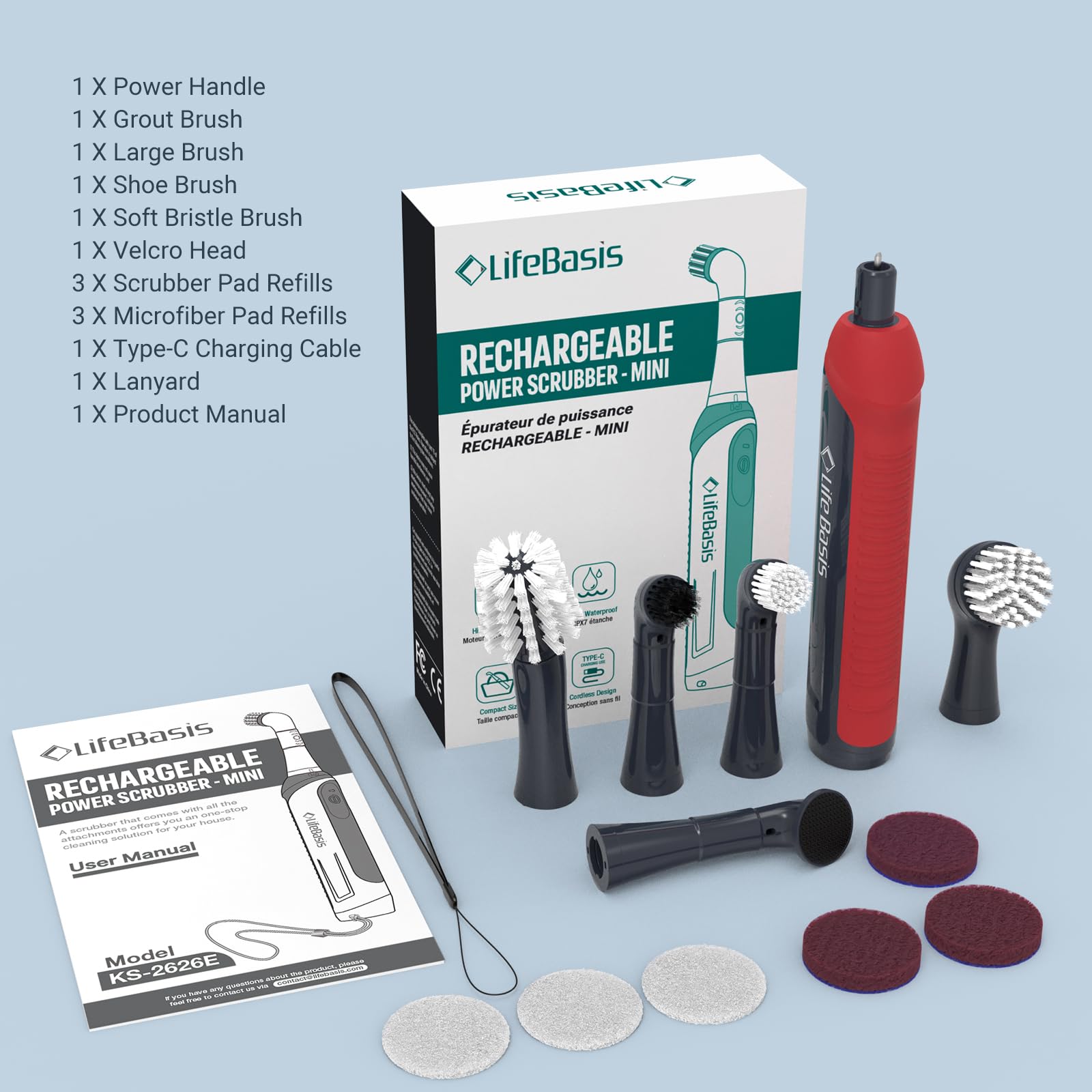 LifeBasis Rechargeable Power Scrubber 11-Piece Kit, Cordless Electric Cleaning Brush, IPX7 Waterproof Electric Grout Brush for Home, Kitchen, Bathroom, Grout, Tile, Shower, Tub, Red