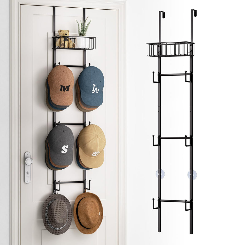 HapiRm Hat Racks for Baseball Caps - Over Door Hat Rack Organizer, Wall Mounted Hats Holder with 6 Hat Hooks and Metal Basket Design, Hanging Hats Storage Up to 32 Caps for Door, Bedroom, Closet