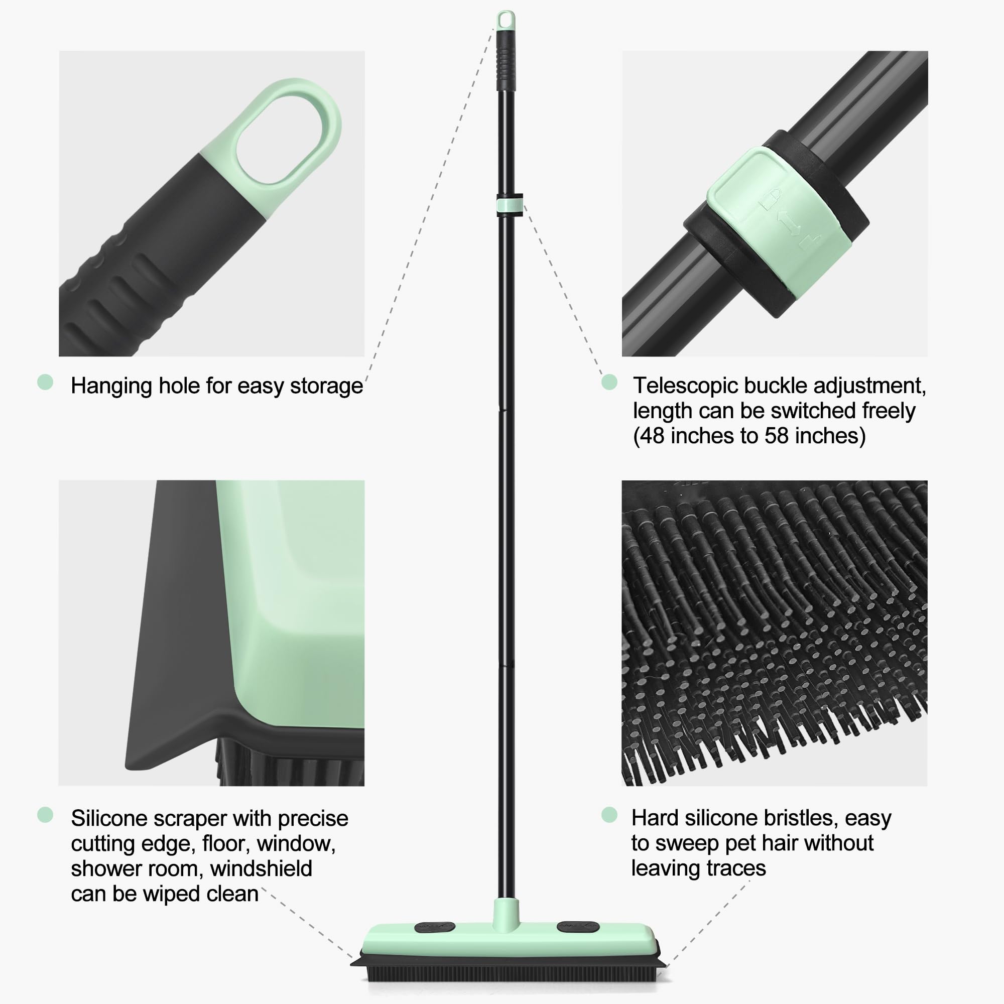DALIPER Pet Hair Removal Broom with Squeegee 58‘’ inches Long Handle Carpet Rake, Rubber Push Fur Broom, Carpet Squeegee with Detailing Lint Brush