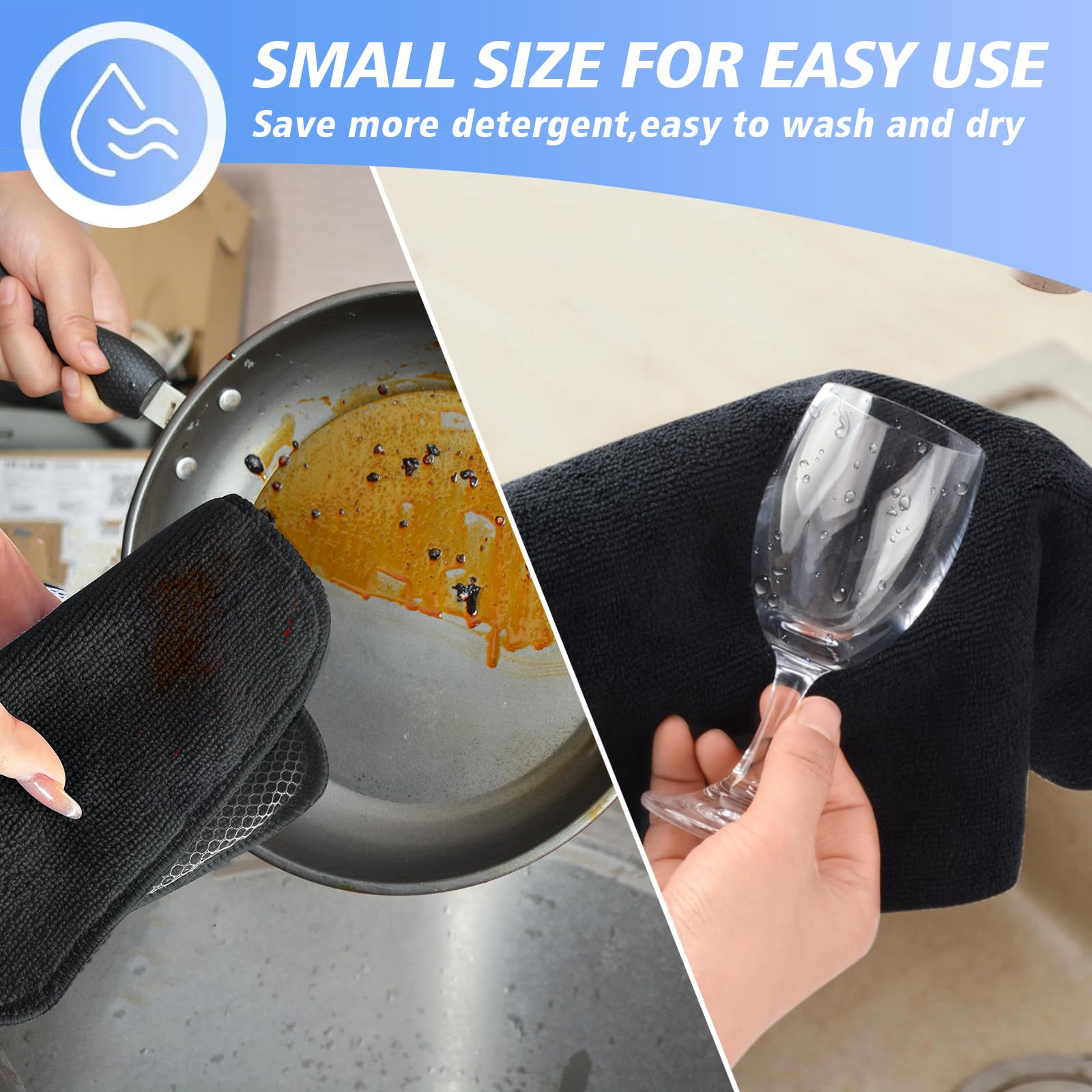KinHwa Microfiber Dish Cloths Super Absorbent Kitchen Wash Cloth Dish Rags for Washing Dishes Fast Drying Cleaning Cloth with Scrub Side (Black, 7inchx7inch 18pc)