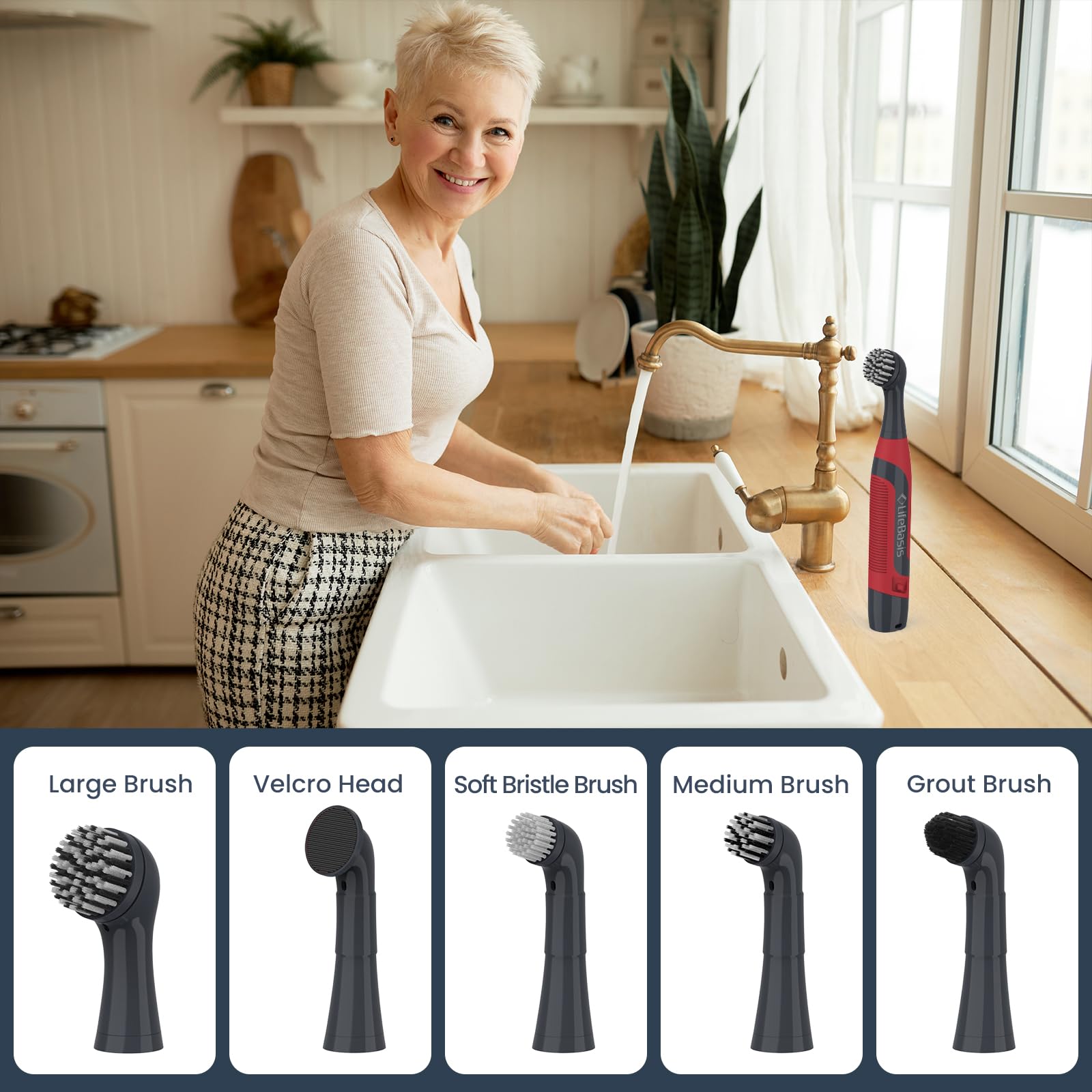 LifeBasis Power Scrubber, Cordless Electric Cleaning Brush Battery Powered Scrub Brush, Water Resistant Small Electric Grout Brush with 5 Brushes for Home/Kitchen/Bathroom/Grout/Tile/Shower/Tub, Red