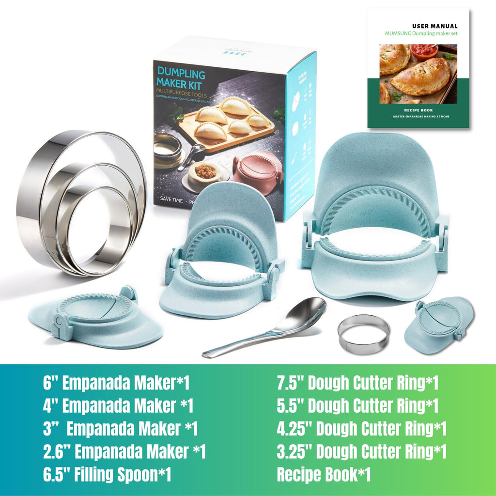 MUMSUNG Empanada Maker Press, 4Size (6"+4"+3"+2.6") Professional Dumpling Maker Mold kit with Dough Cutter and Filling Spoon, Fast to Make Empanadas Jamaican Beef Patties Pierogi pastelitos, Sky Blue
