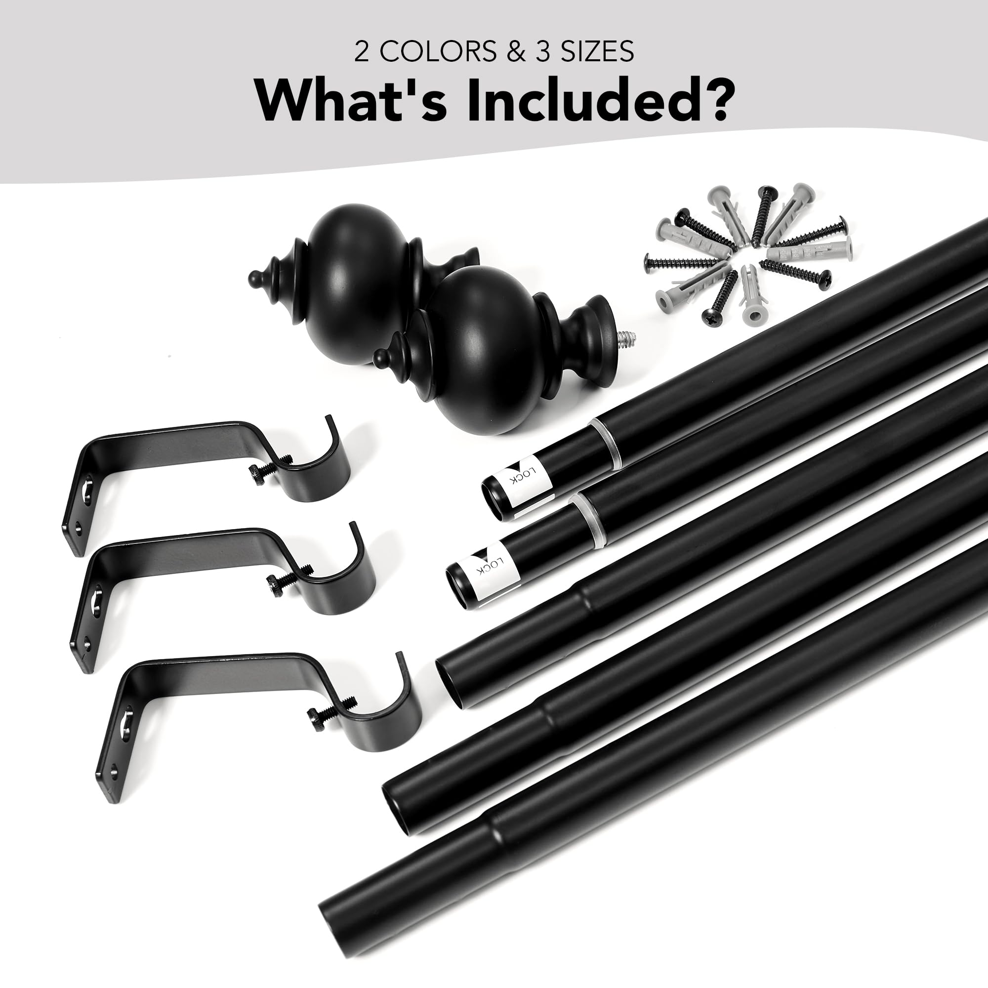 Deconovo Black Curtain Rods for Windows 48 to 84 Inches, Adjustable Decorative Single Window Curtain Rod Set, Curtain Rods 3/4 Inch Diameter Steel Tube with Black Finials