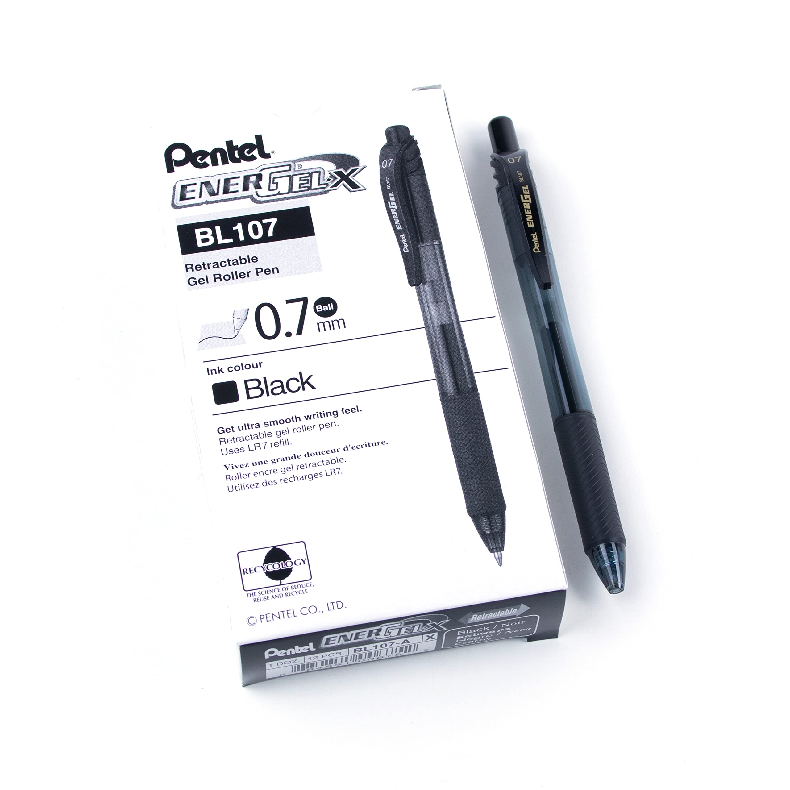 Pentel EnerGel X Retractable Liquid Gel Rollerball Pen, Everyday Writing, Office Supplies, School Supplies, 0.7mm Medium Point, Black Ink, BL107-A, Box of 12