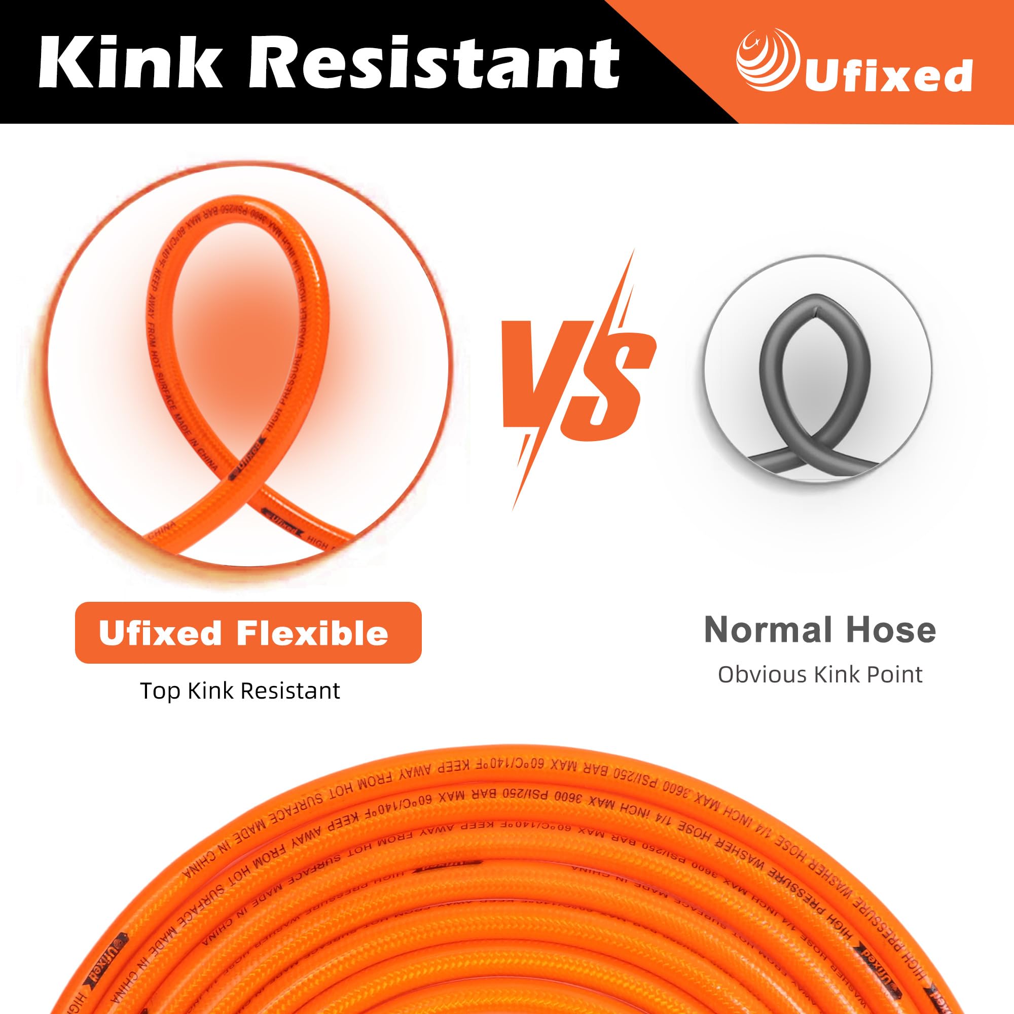 1/4 Pressure Washer Hose 25FT 3600 PSI, Ufixed Power Washer Hose Kink Free High Pressure Hose M22 14MM Solid Brass Fittings Pressur Washer Replacement Hose Light Weight Orange-red
