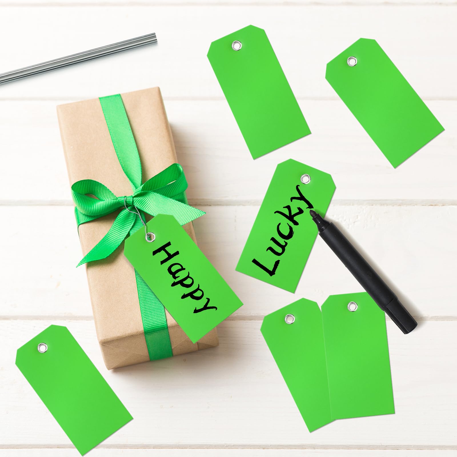 200 Pieces Green Plastic Hang Tags 4 3/4" x 2 3/8" With Wire for Labeling, Shipping, Inventory, Luggage, Garage Parts - Waterproof, Writable, Heavy Duty