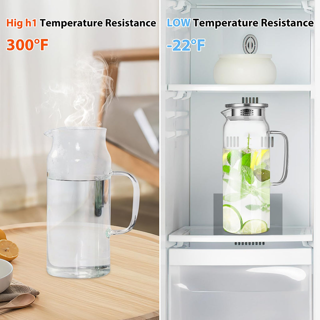 2 Pack Glass Water Pitcher, 2 L Glass Pitcher with Lid and Handle, Clear Iced Tea Pitcher Glass Milk Pitcher Heat Resistant Water Jug Juice Pitcher for Fridge Beverage Carafe