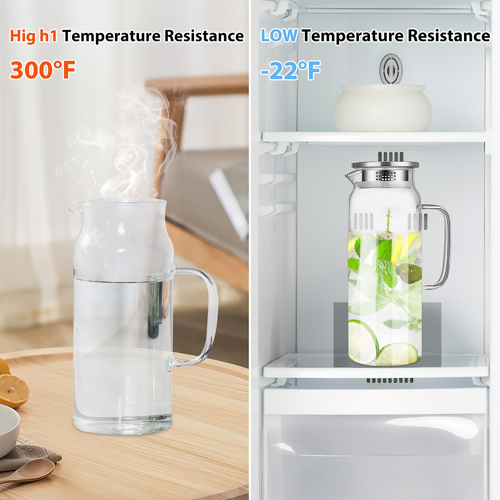 2 Pack Glass Water Pitcher, 2 L Glass Pitcher with Lid and Handle, Clear Iced Tea Pitcher Glass Milk Pitcher Heat Resistant Water Jug Juice Pitcher for Fridge Beverage Carafe