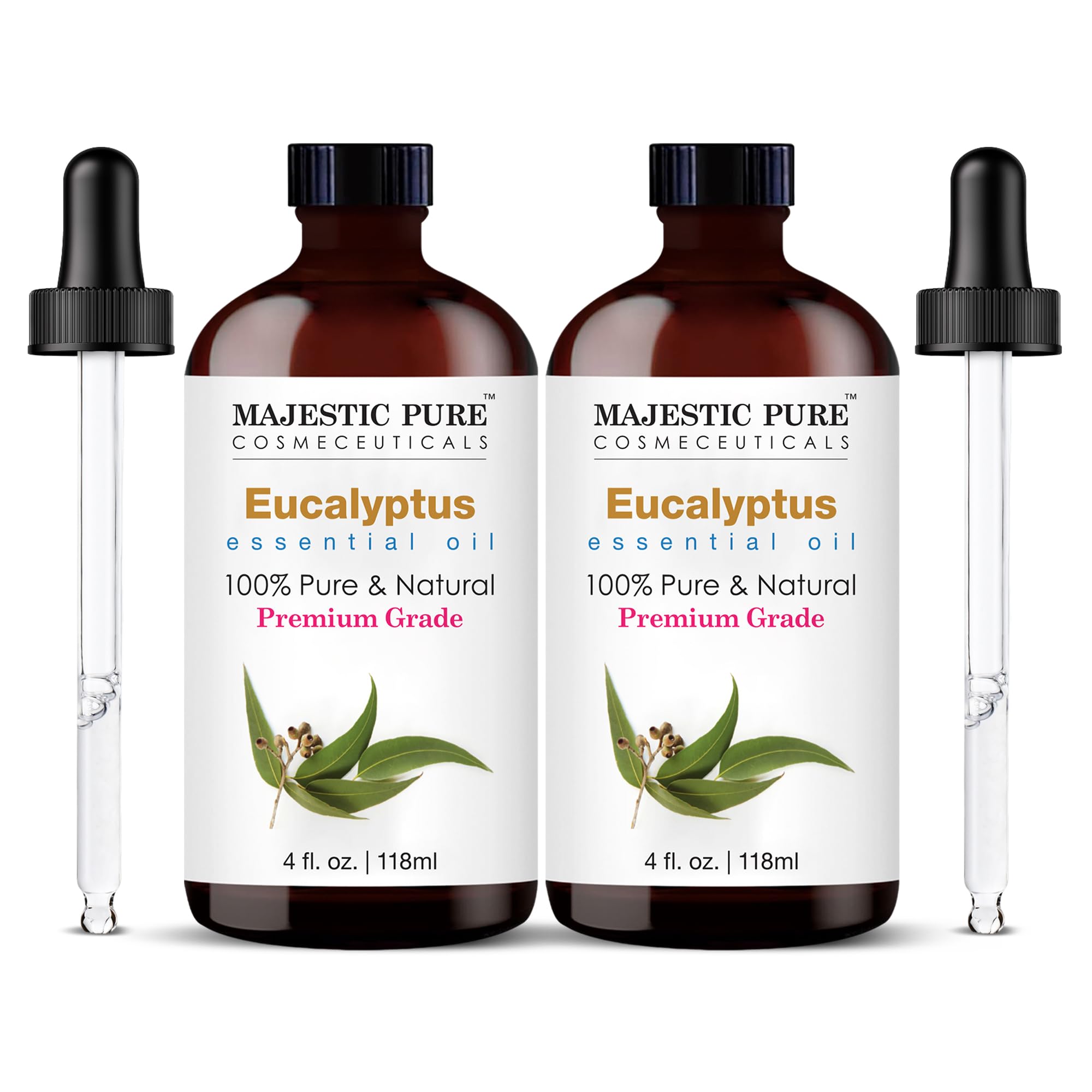 Majestic Pure Eucalyptus Essential Oil - Huge 118 ml (Set of 2) - 100% Pure and Natural Oil for Soap Making Scent- Premium Grade with Glass Dropper