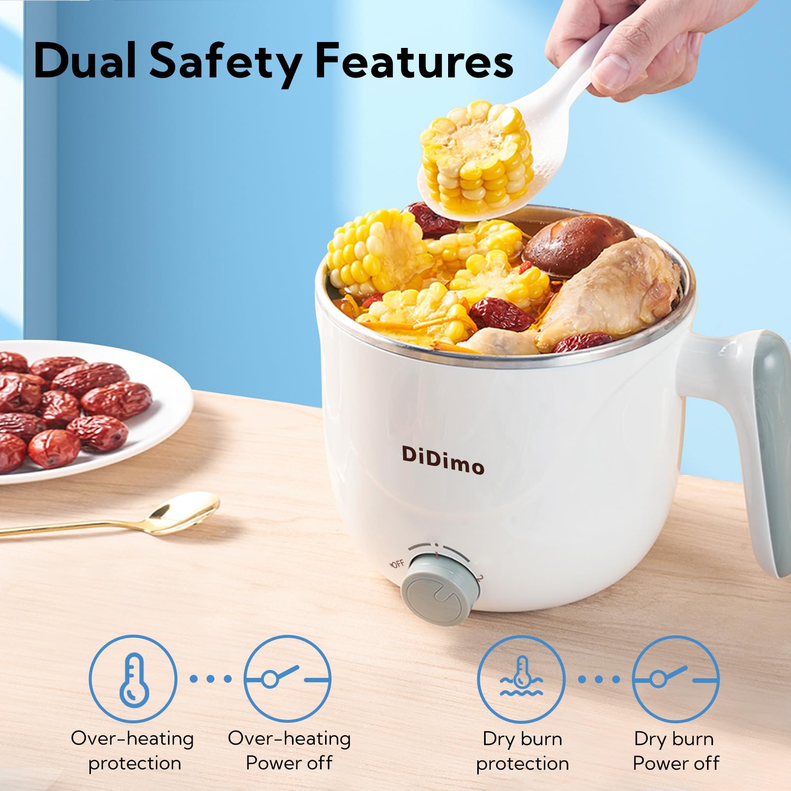 Hot Pot Electric, 1.5L Pink Portable Ramen Cooker with Over-Heating/Boil Dry Protection, Mini Hot Pot for Ramen, Egg, Pasta, Dumpling, Soup, Porridge, Oatmeal (White)