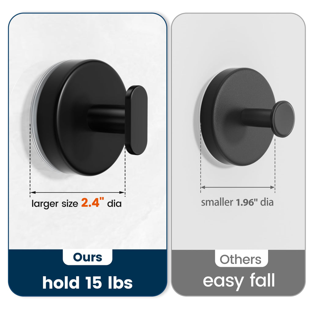 Suction Cup Hooks for Shower: 15 LB Strong Wall Hanger for Bathroom, Front Door, Glass, Window, RV, Holder for Towel, Christmas Wreath, Coat, Loofah, Waterproof & Reusable, Matt Black 4 Pack