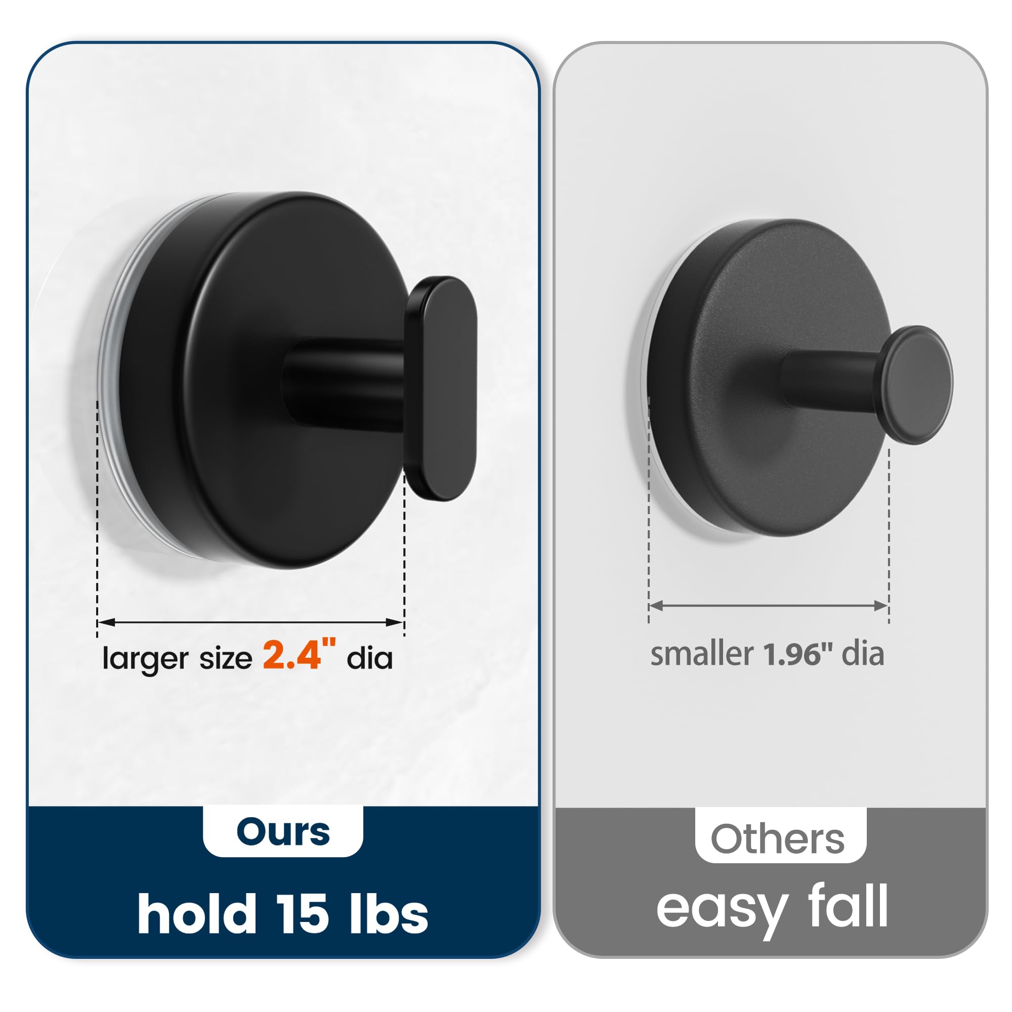 Suction Cup Hooks for Shower: 15 LB Strong Wall Hanger for Bathroom, Front Door, Glass, Window, RV, Holder for Towel, Christmas Wreath, Coat, Loofah, Waterproof & Reusable, Matt Black 4 Pack