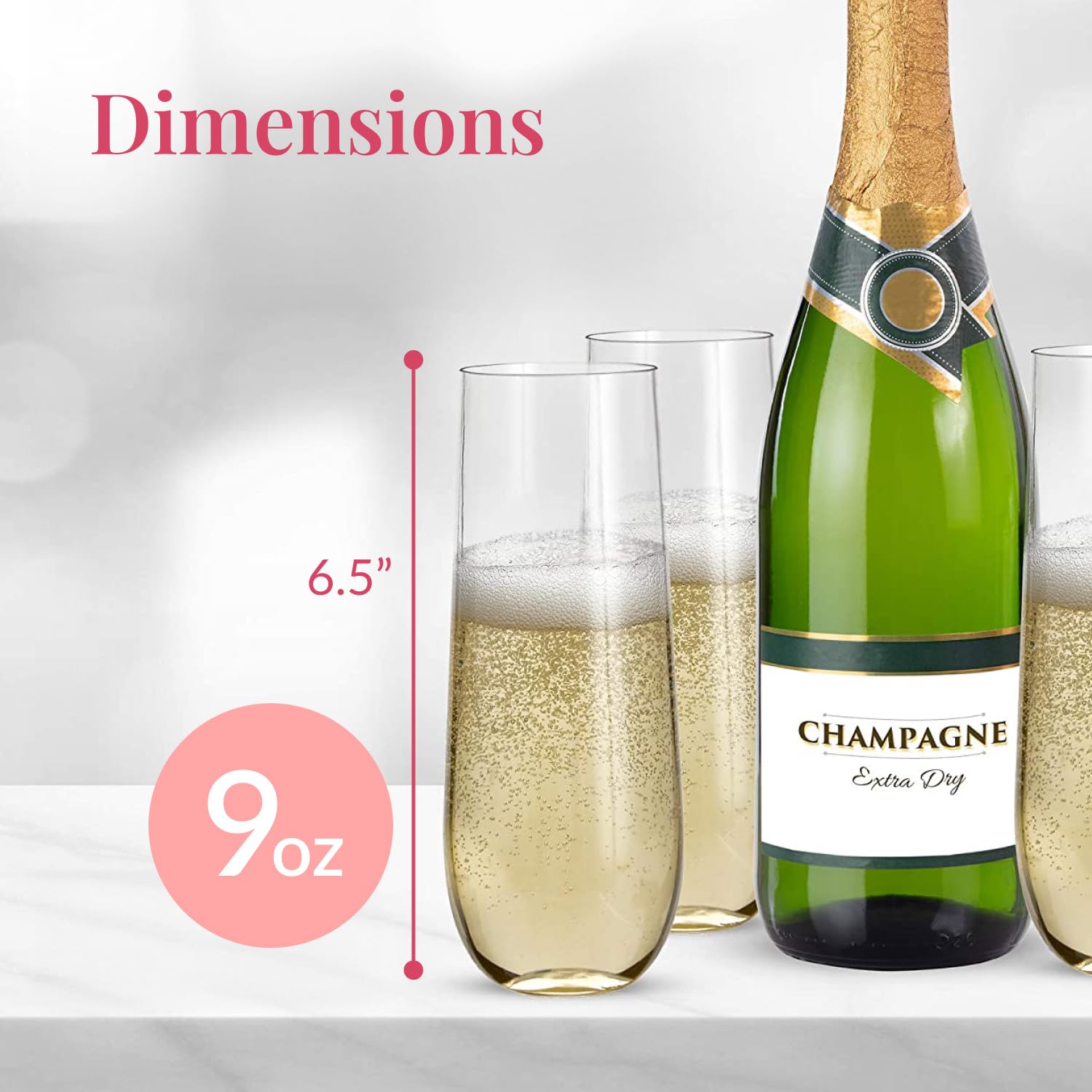 Prestee 24 Stemless Plastic Champagne Flutes - 9 oz Plastic Champagne Clear Shatterproof Toasting Glasses - Unbreakable, Disposable, Reusable for Weddings or Parties