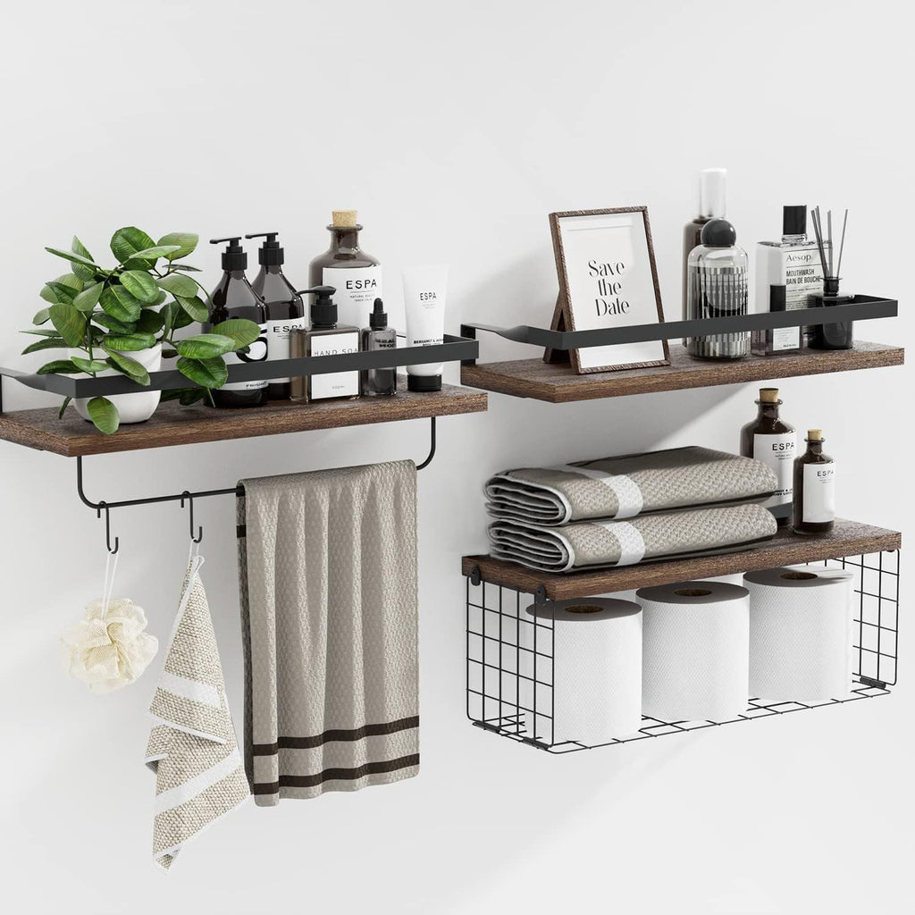 Rustic Bathroom Shelf Over Toilet - Stylish Bathroom Shelves Storage Organizer with Towel Bar - Floating Shelves Wall Mounted