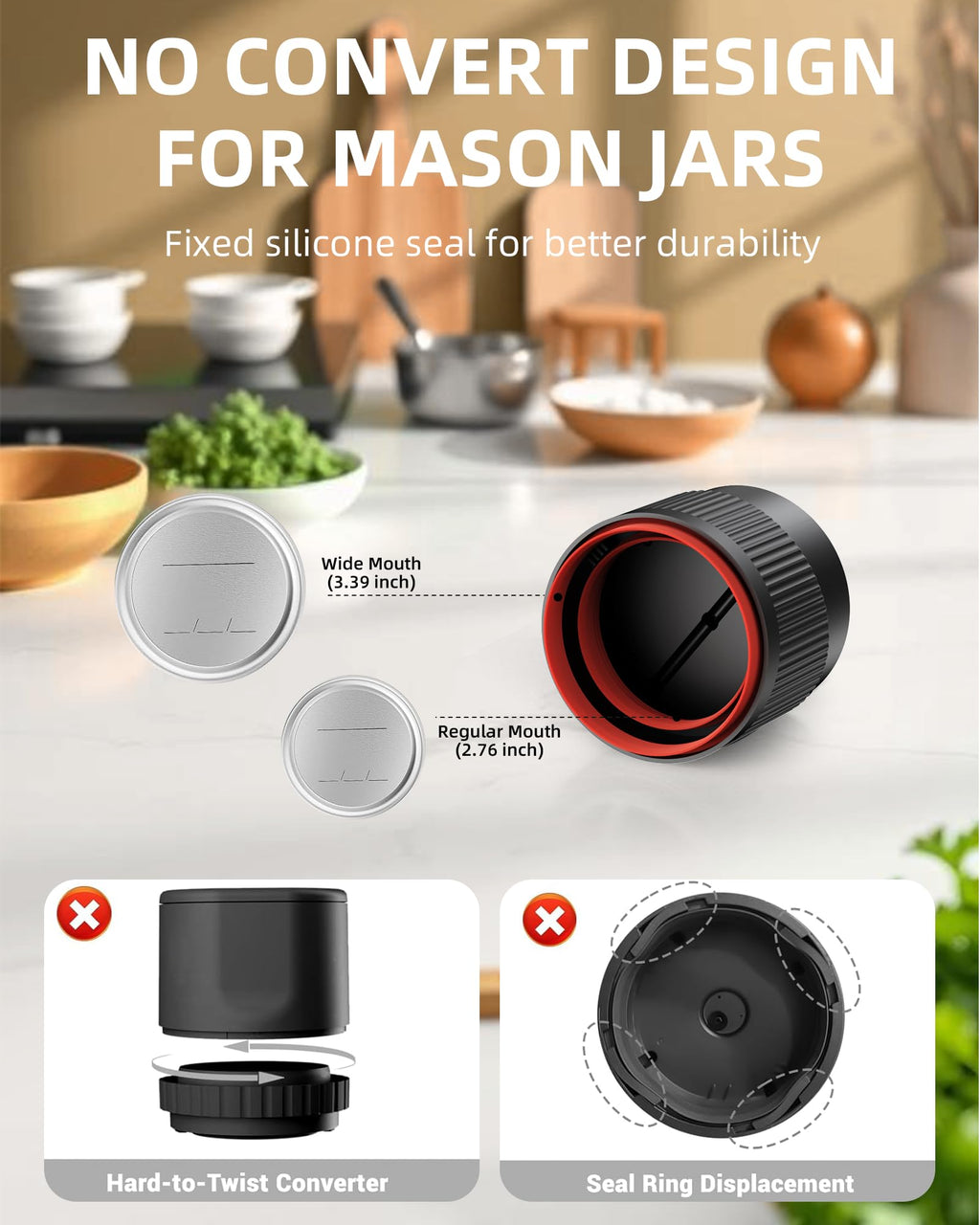 Electric Mason Jar Vacuum Sealer Machine, 3-in-1 Cordless Vacuum Sealer Kit for Wide/Regular Mouth Mason Jars, Containers & Wine Bottles, Food Storage, Black