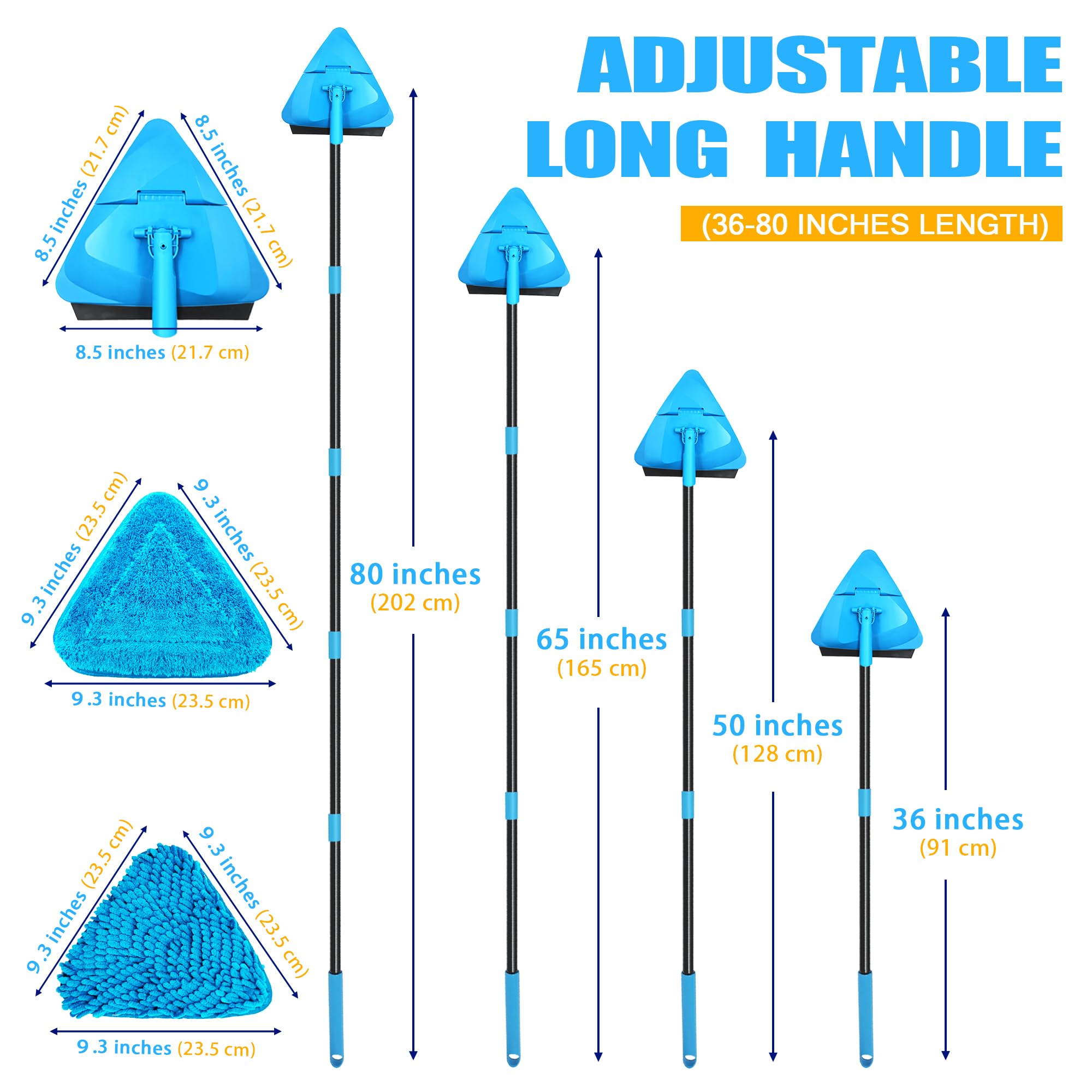 NEWE Wall Mop Cleaner with 80 inches Long Handle, 180° Folding Ceiling Cleaning Tool with Squeegee for Washing Painted Walls, Triangle Baseboard Scrubber 4 Chenille Duster and 2 Microfiber Pads