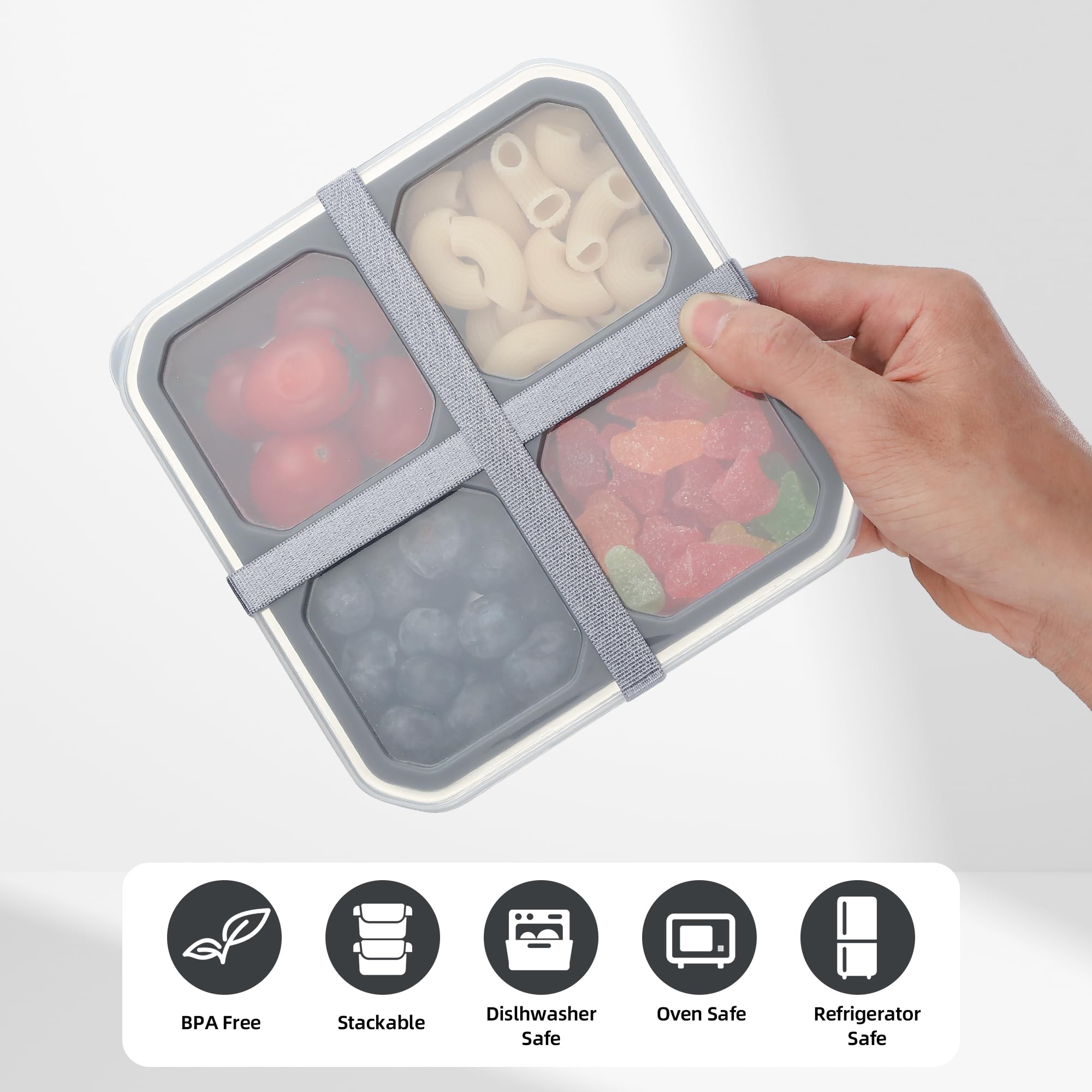 BEFOY 4 Pack Stainless Steel Snack Containers with Lids - 4 Compartment Food Storage Containers for Adults & Kids - Meal Prep Reusable Bento Lunch Box - Silver