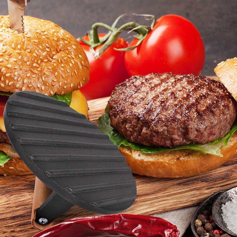Cast Iron Grill Press,Griddle Press with Cool-Touch Wood Handle,Burger Smasher for Griddle,BBQ Grilling Accessories (Round Press)